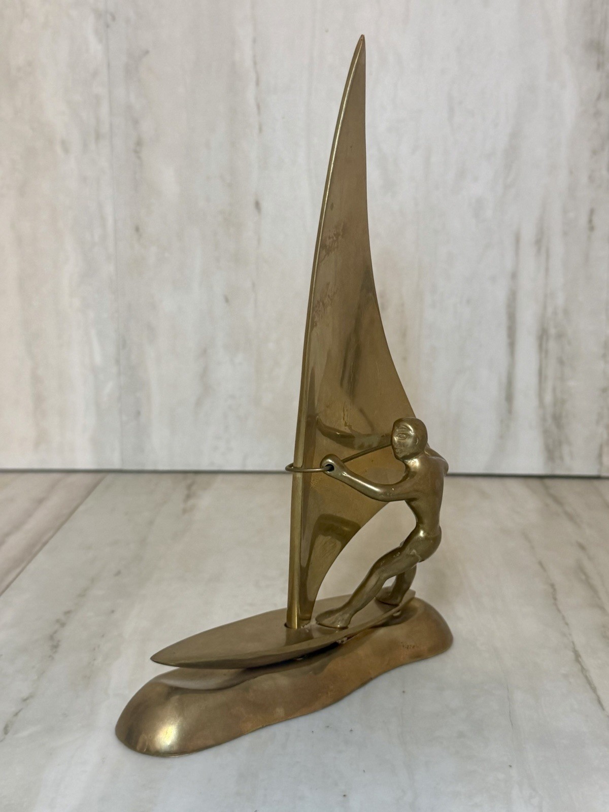 Vintage 1960s Solid Brass Hand-Cast 9.5-Inch Windsurfer Sailing Boat Figurine