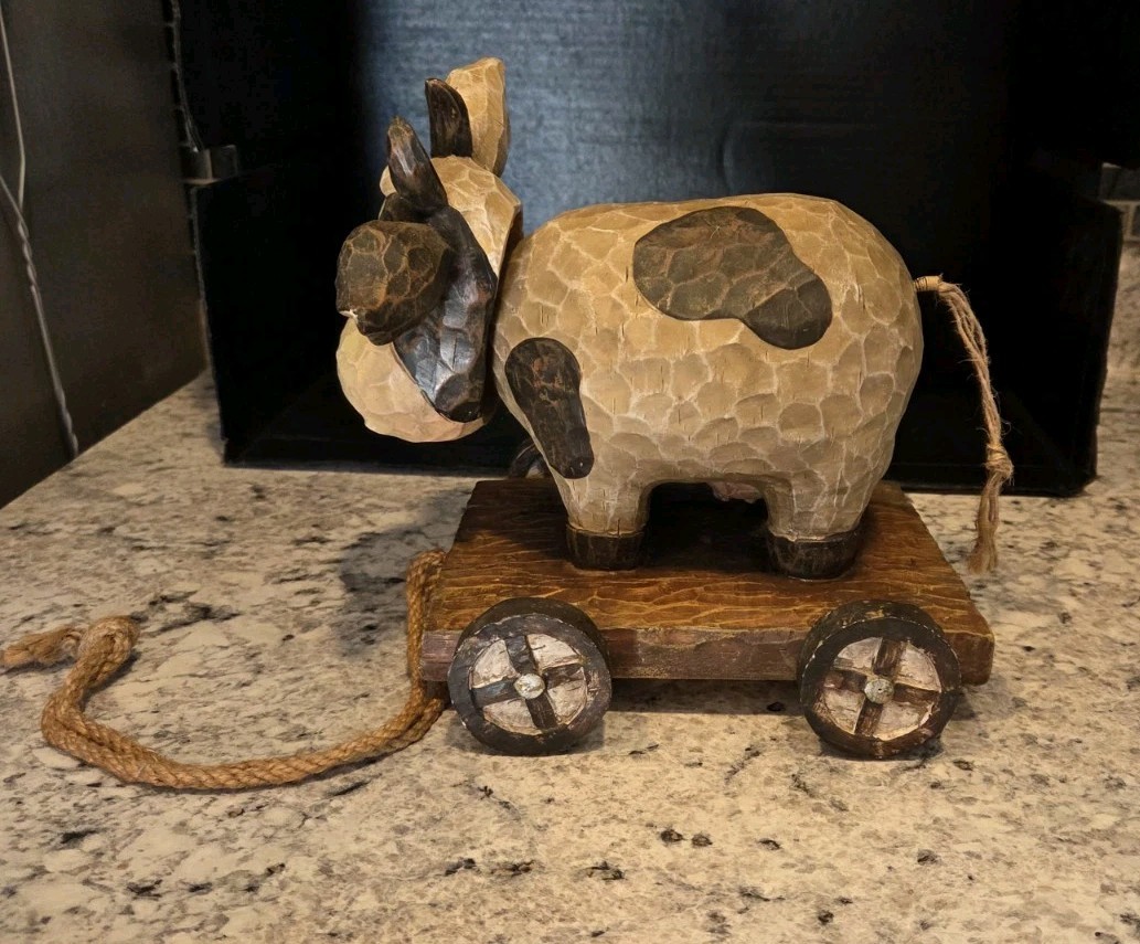 Vintage Bobblehead Cow in Cart Resin Made