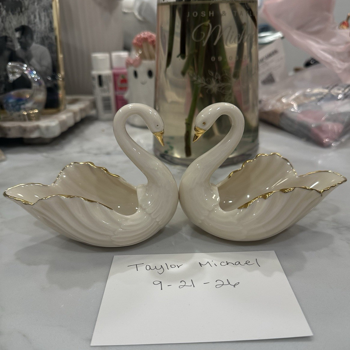 Vintage Pair of Lenox Porcelain Swan Trinket Dishes with 24k gold trim