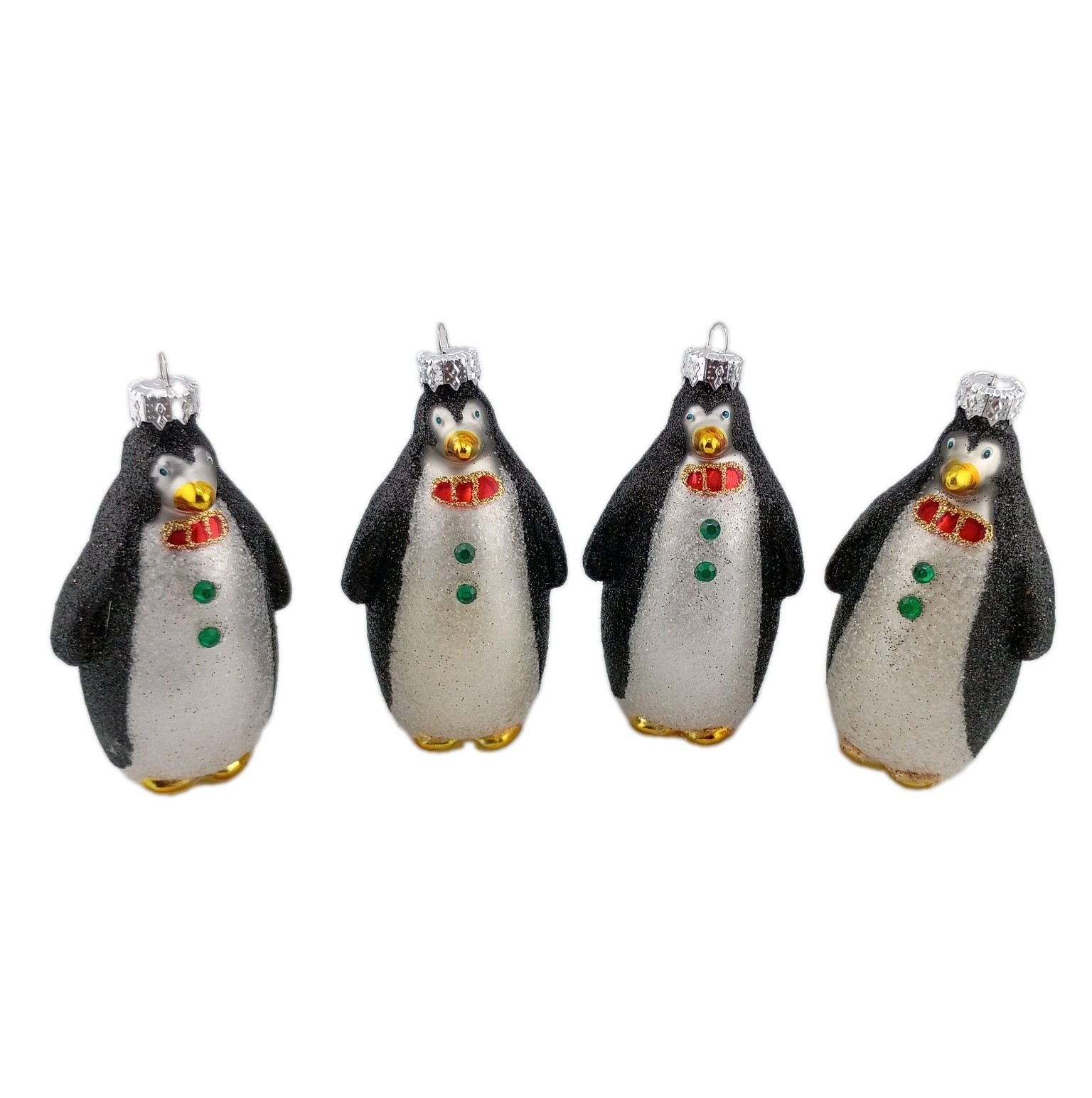 OWC Old World Christmas Blown Glass Penguin Red bow Tie Glitter Set Of 4 VTG OWC Old World Christmas Blown Glass Penguin Red bow Tie Glitter Set Of 4 VTG