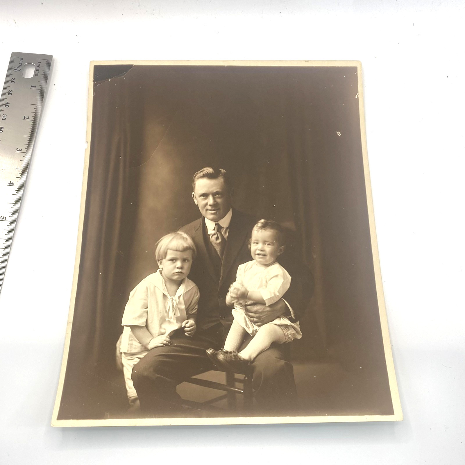 Vtg Early 1900s Father Children Studio Portrait Photo Sepia 8x10 Original