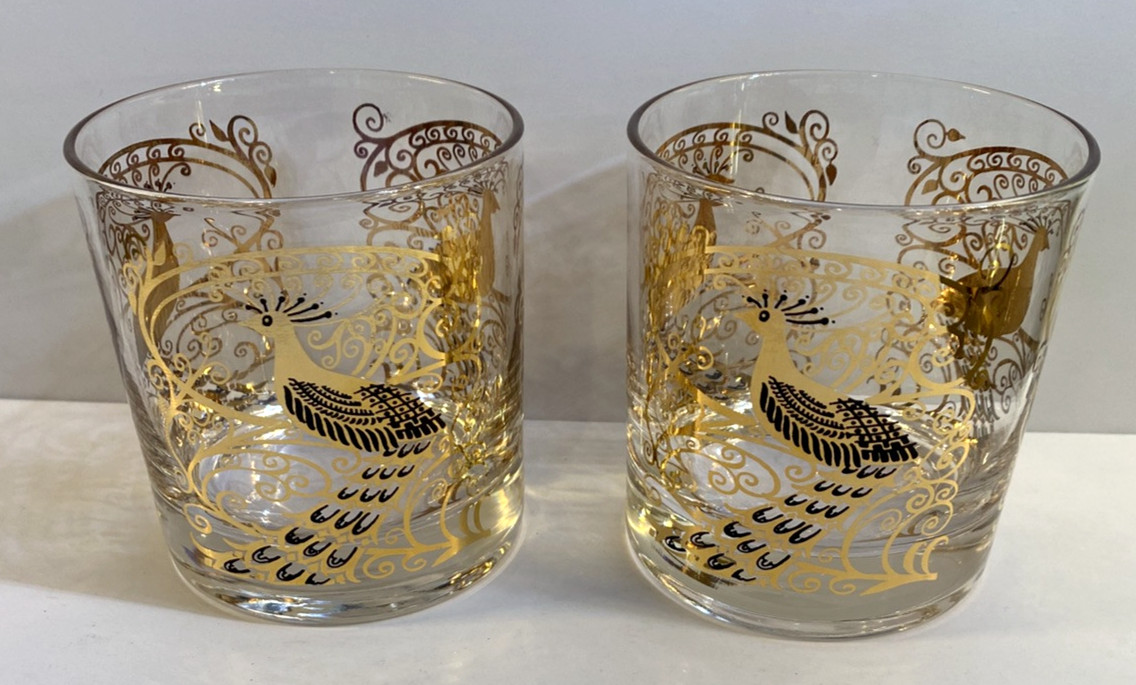 MCM Osborne Kemper Thomas Gold Peacock Old Fashioned Glasses 3.5 MCM Osborne Kemper Thomas Gold Peacock Old Fashioned Glasses 3.5