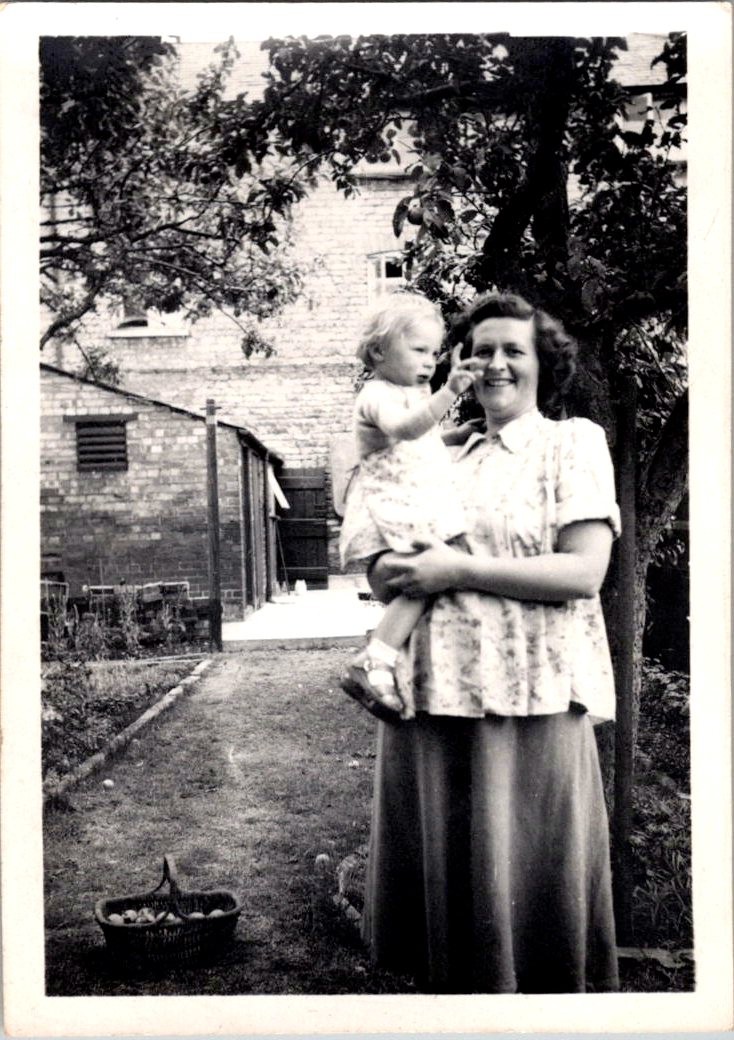 Vtg B&W Snapshot Smiling Mother Holding Toddler Girl Garden Apple Basket 1952 Vtg B&W Snapshot Smiling Mother Holding Toddler Girl Garden Apple Basket 1952