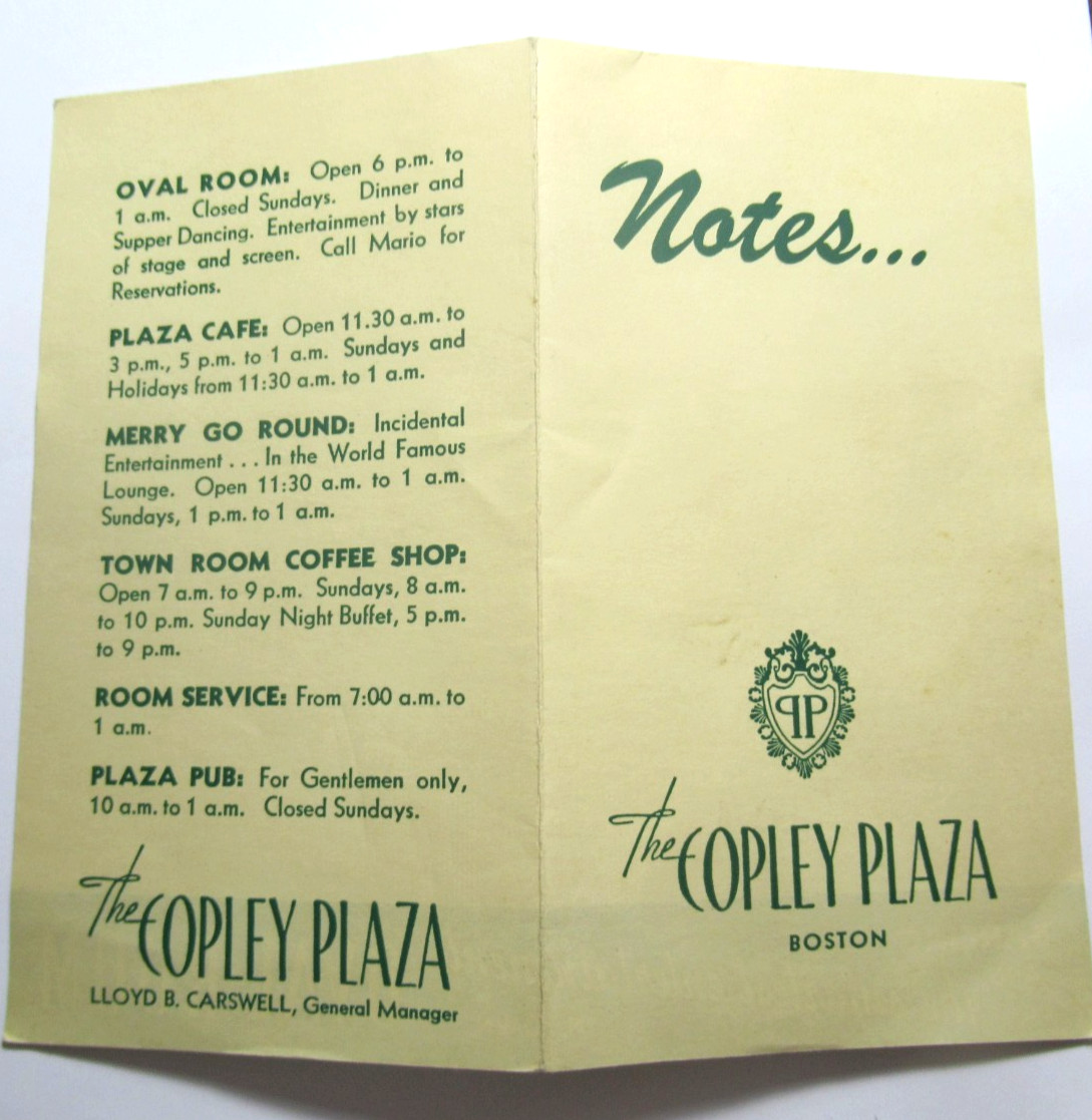 Vintage 1940s Copley Plaza Hotel Boston Directory Souvenir Card Oval Room Note