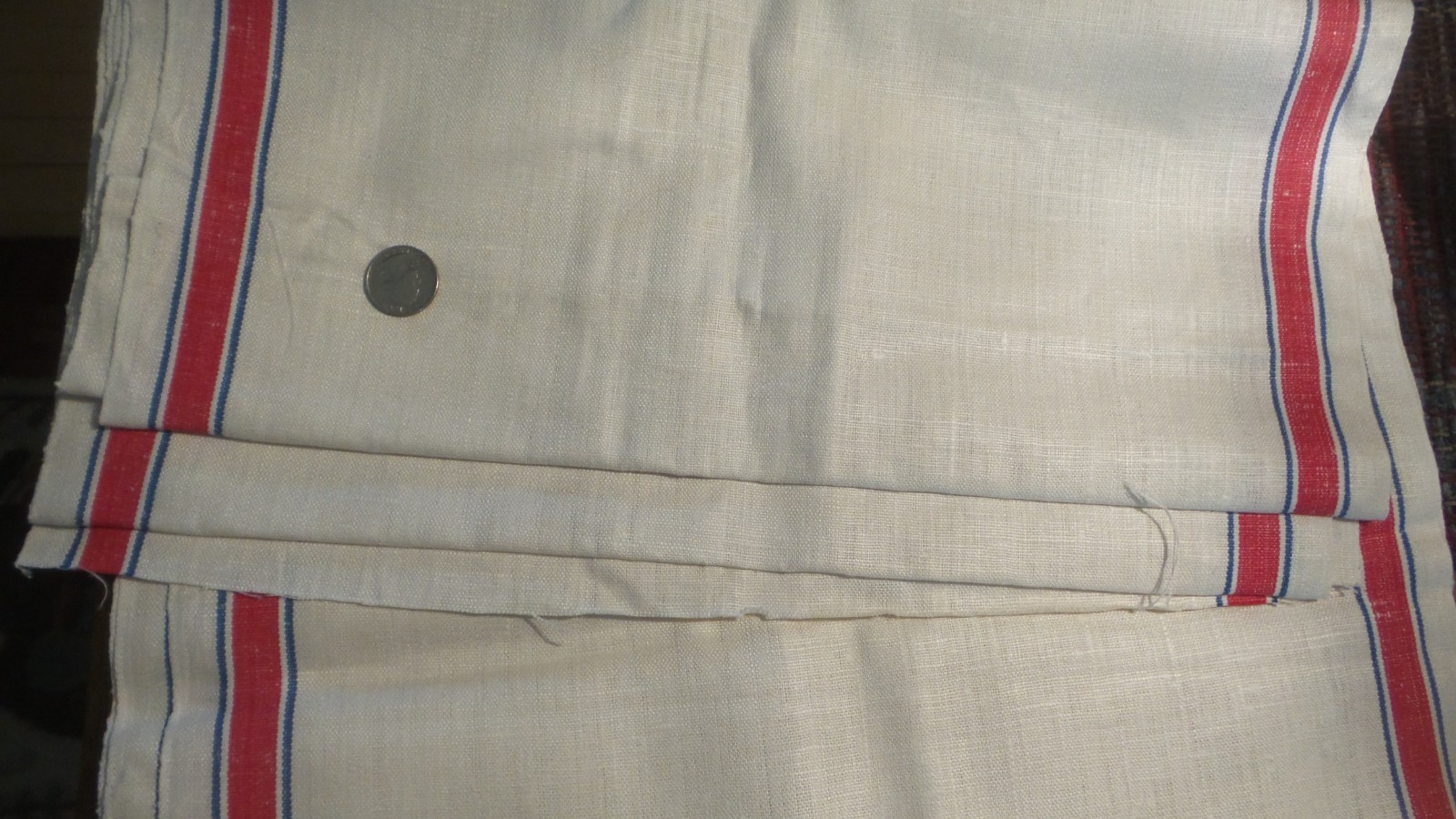 Antique Linen Toweling FABRIC Red, Blue Stripe Sides 1 Yd/18