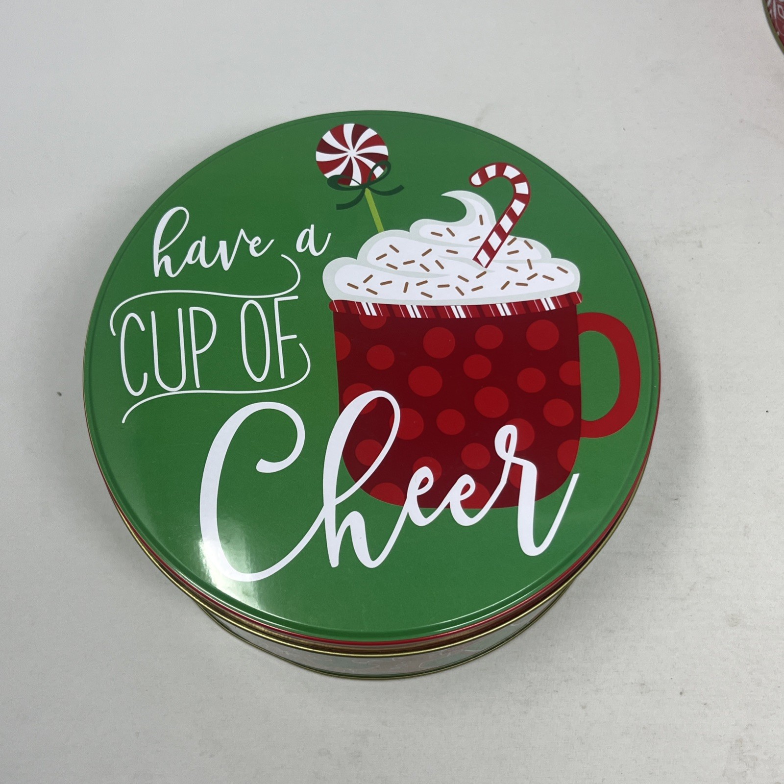 Holiday Cookie Tin Have a Cup of Cheer Christmas Gingerbread 7in round Holiday Cookie Tin Have a Cup of Cheer Christmas Gingerbread 7in round