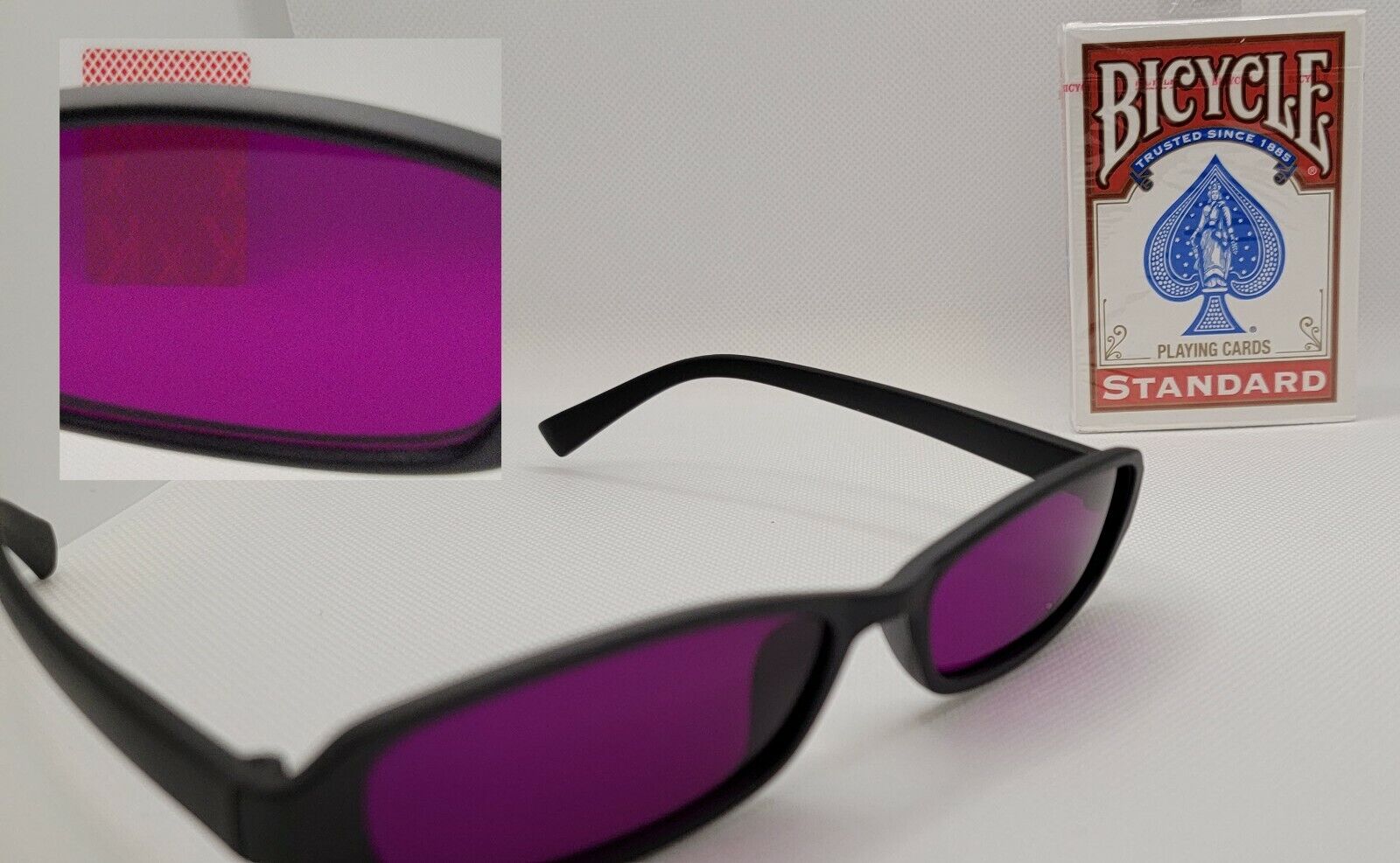 Infrared Marked Bicycle Cards & Infrared Black Sunglasses see every hand - Magic