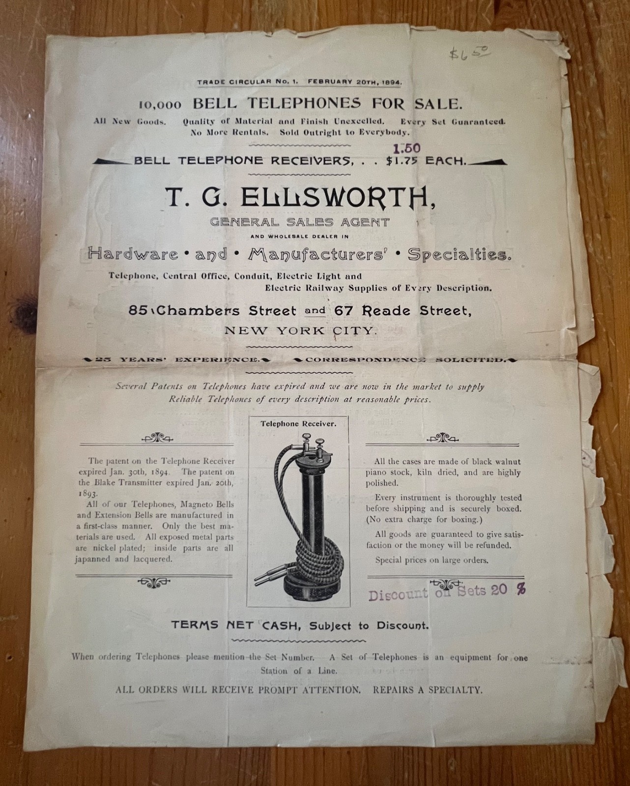 Antique 1894 Trade Advertising Circular Bell Telephones T.G. Ellsworth NYC Antique 1894 Trade Advertising Circular Bell Telephones T.G. Ellsworth NYC