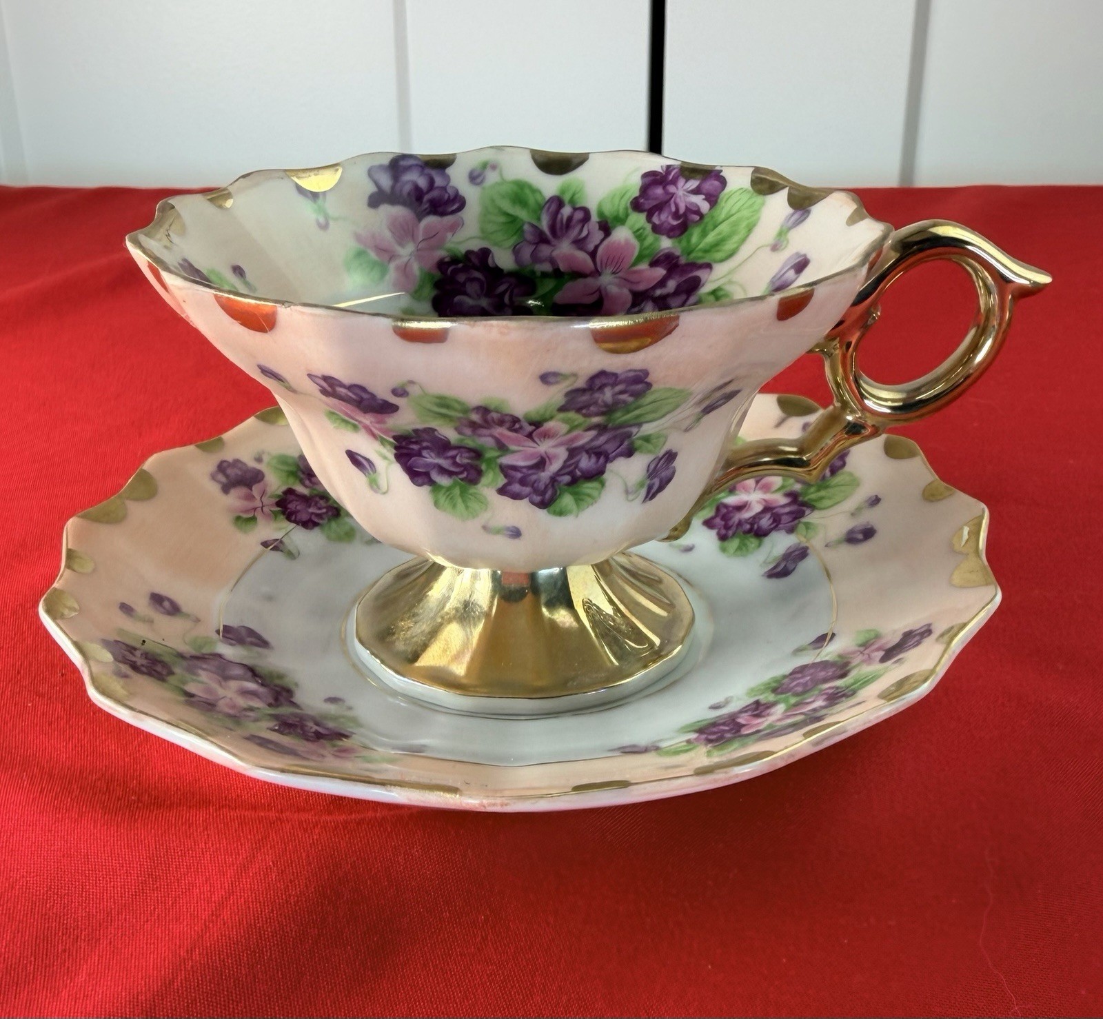 Vtg Lefton China Violets Teacup Saucer Set #108 Hand Painted Footed Gold Trim