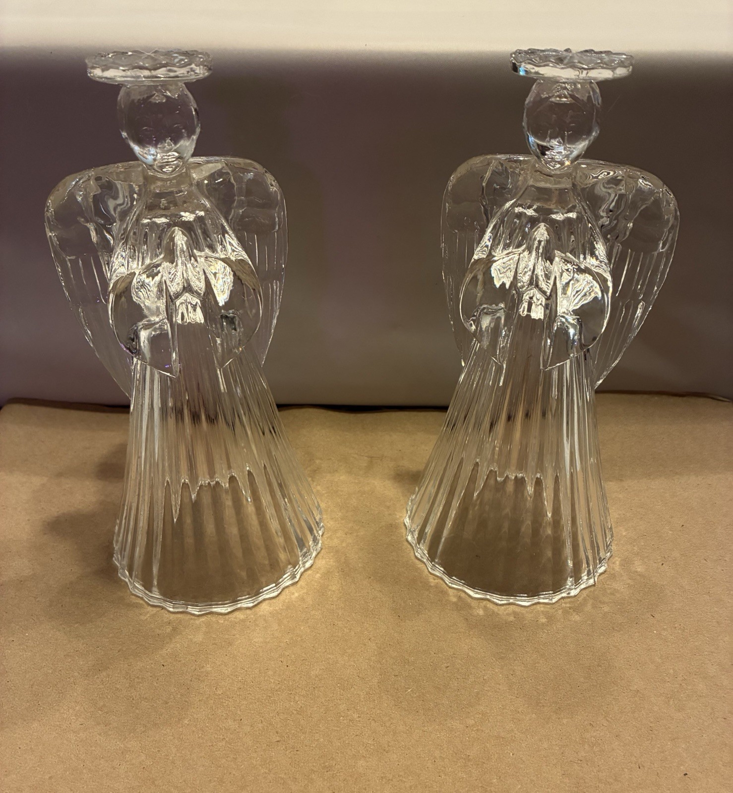 2 Crystal Glass Angel Candlestick Holders Ribbed Skirt & Wings 7 2 Crystal Glass Angel Candlestick Holders Ribbed Skirt & Wings 7