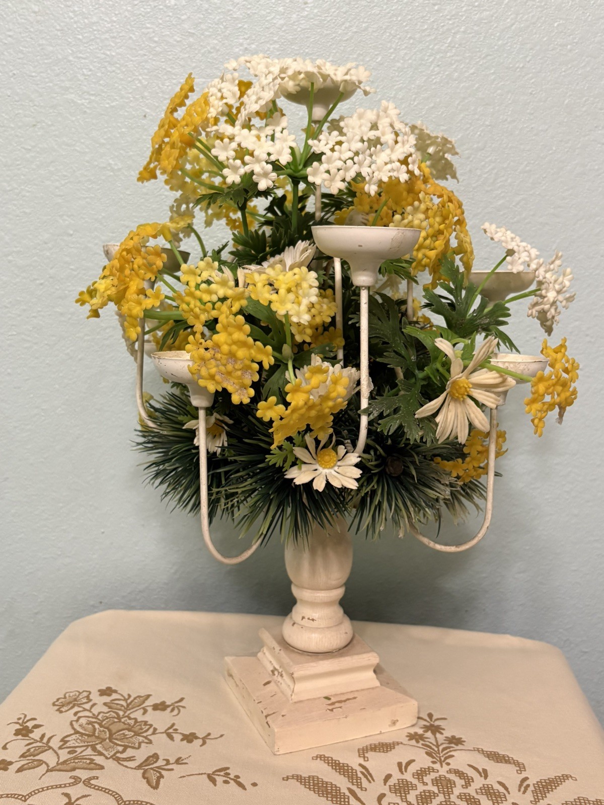 Vtg 60’s Mid Century Metal Candle Holder Candelabra Yellow White Flowers 16 In