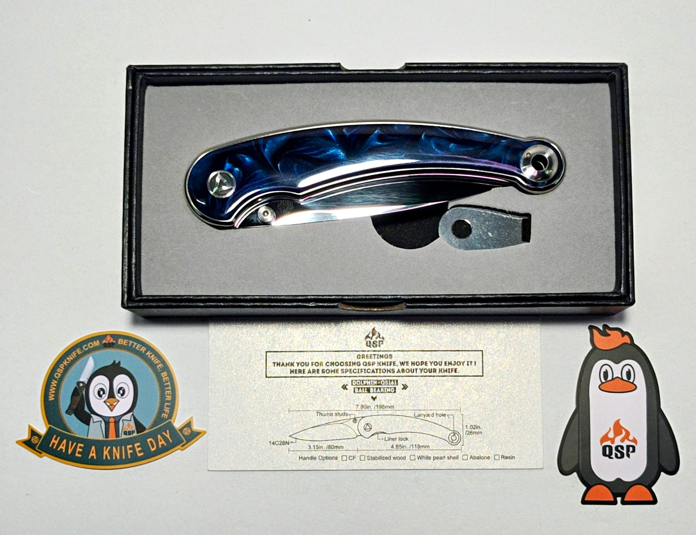 QSP Dolphin Blue Resin 14C28N Mirror Polished Blade New In Original Box