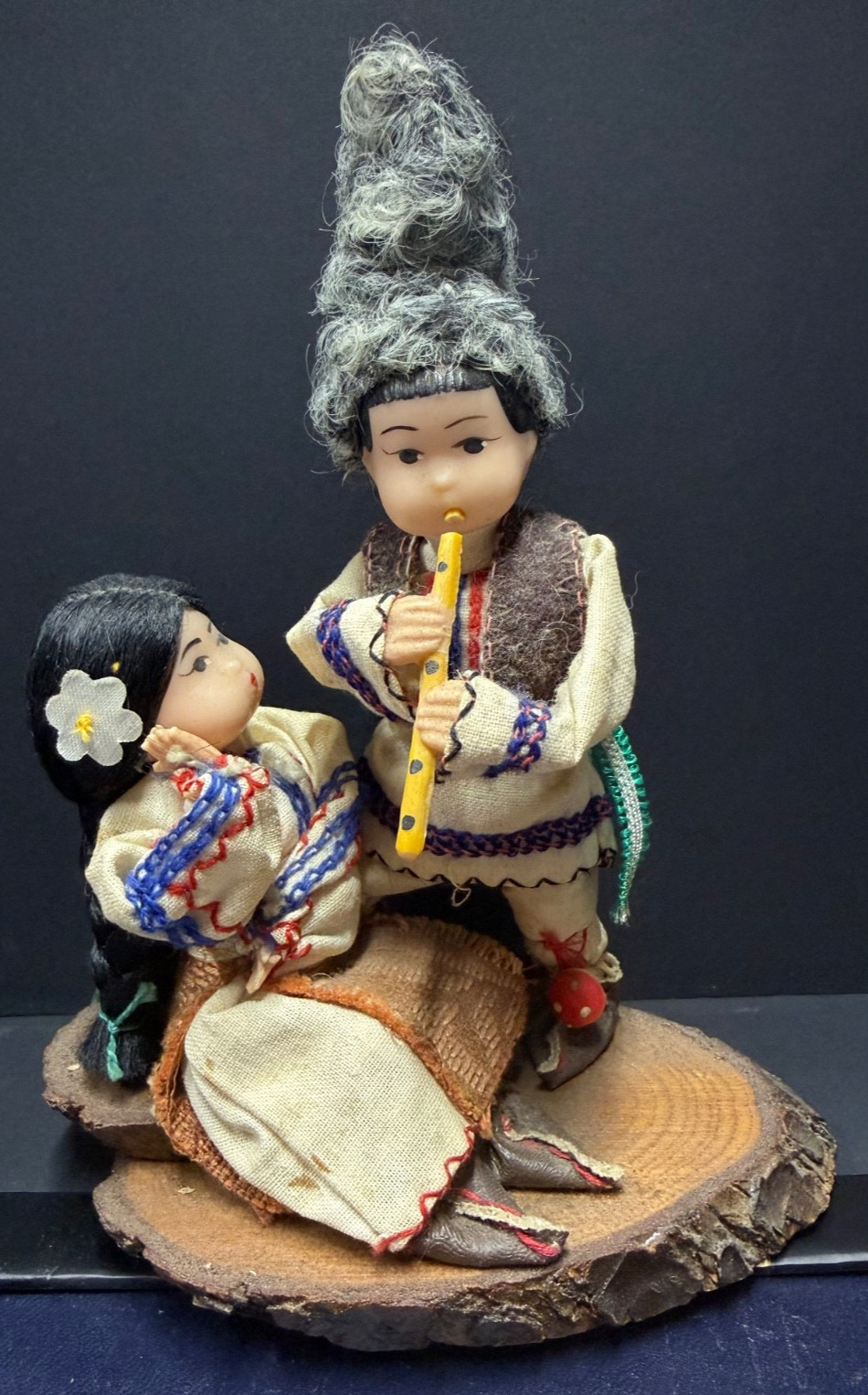 Vintage Slavic Folk Art Dolls Hand Made Couple Flute Music Ukrainian  7.5in