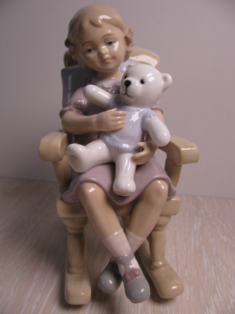 Vintage Leonardo Collection Porcelain Girl in Rocking Chair with Teddy Bear