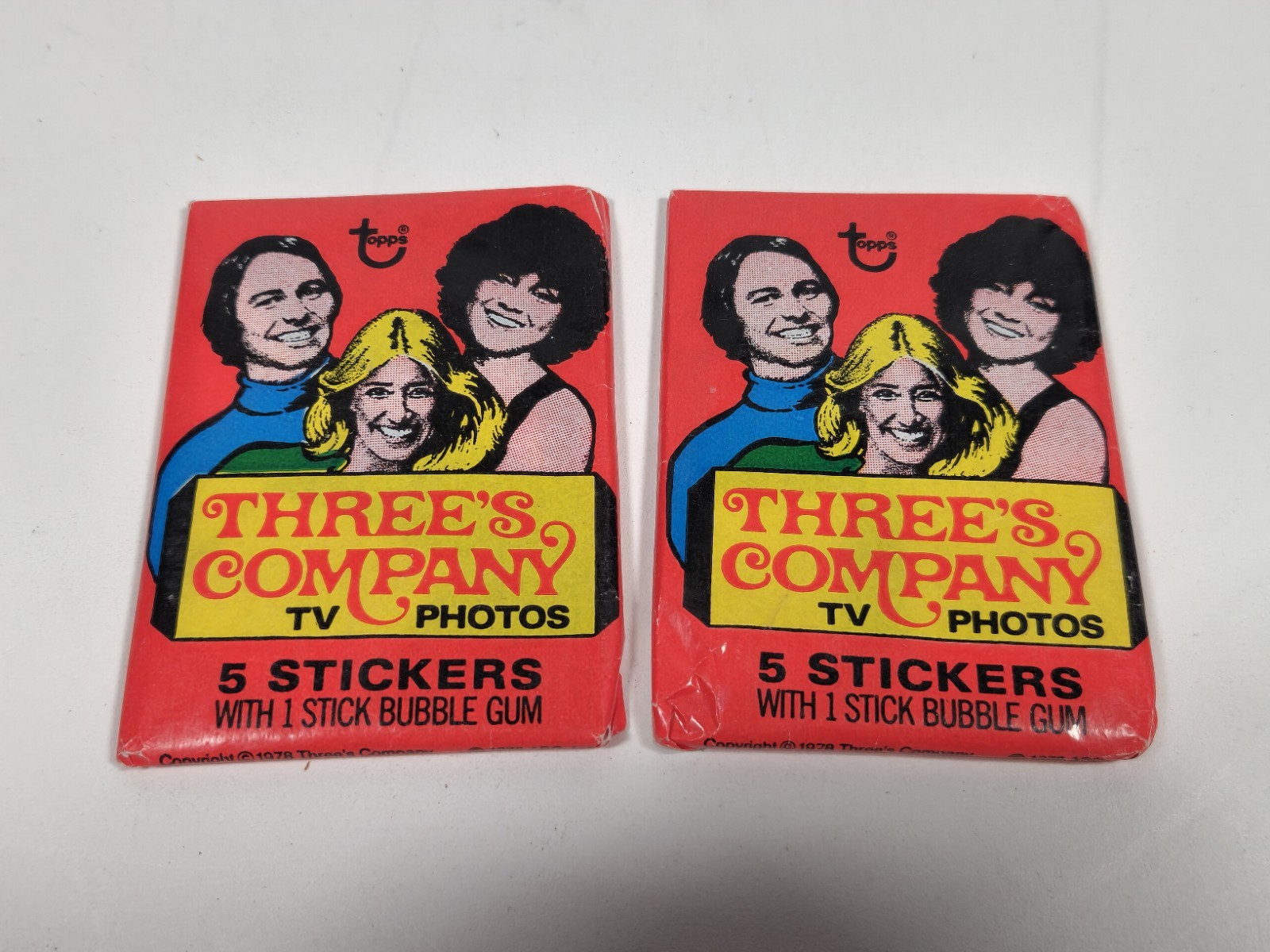 Three\'s Company 1978 Topps Sealed Package Of TV Photos 5 Stickers Set Of 2 Three\'s Company 1978 Topps Sealed Package Of TV Photos 5 Stickers Set Of 2