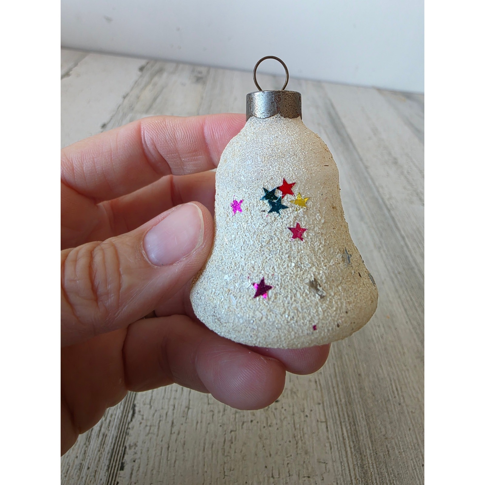Vintage franke confetti star Bell Mica glass ornament Xmas tree