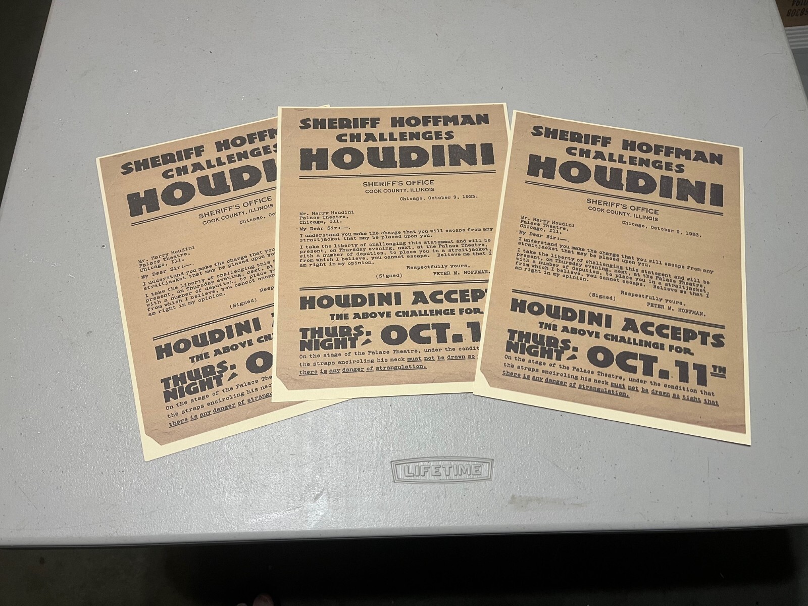 Harry Houdini, Reprint Sherriff Hoffman, Cook County, IL Challenge, Rare
