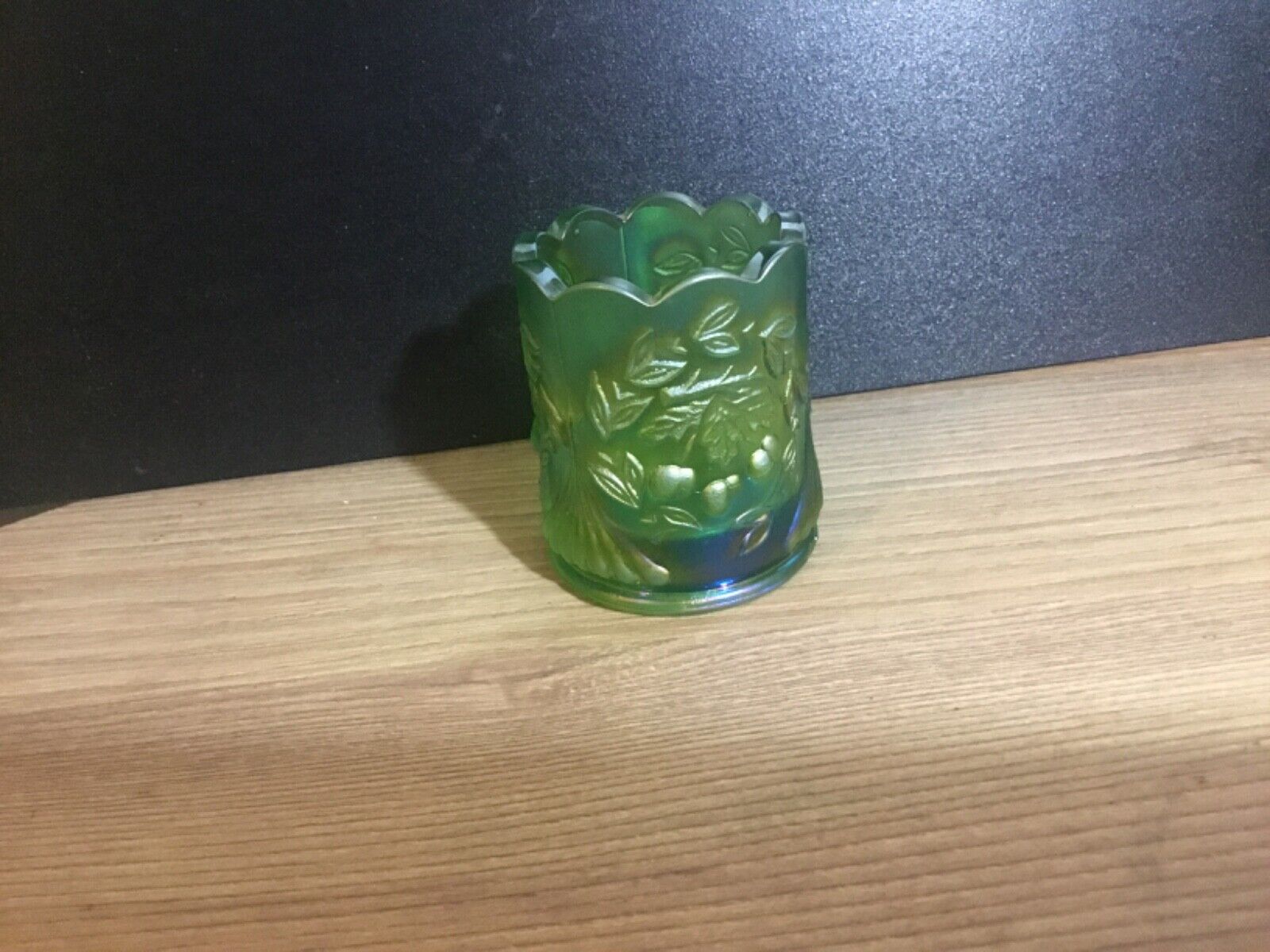 Vintage Jos. St Clair Green Carnival Glass Toothpick Holder