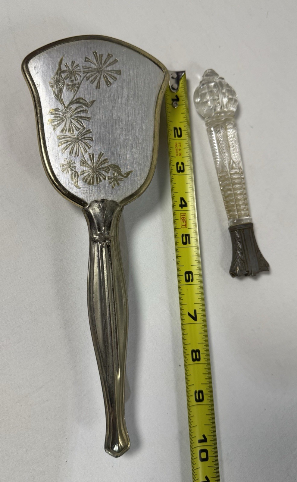 Vintage Silver Tone Hairbrush With Glass Mirror Handle Hair Brush