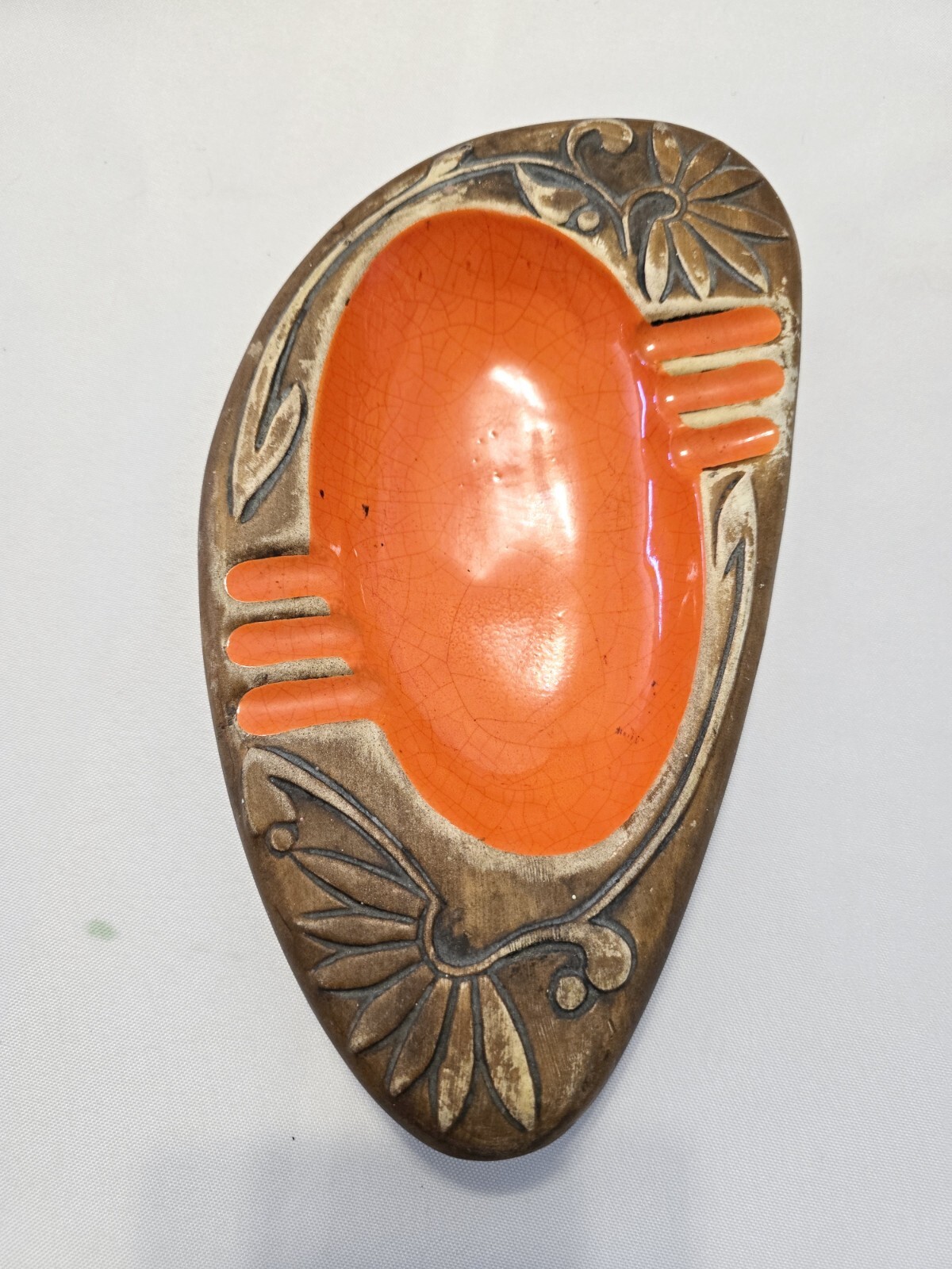Vintage Kingwood Ceramics Orange & Brown Kidney Shaped Ashtray Retro  1970s 