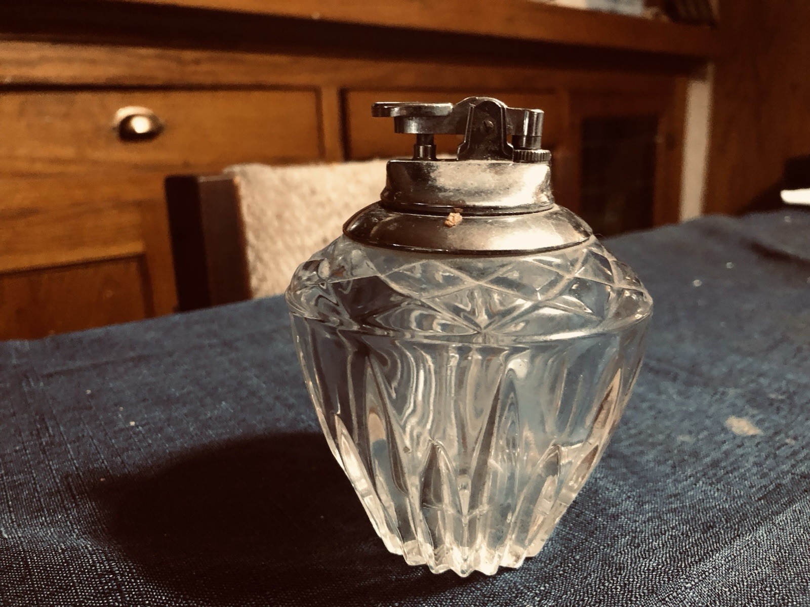 Vintage Cut Glass Tabletop Lighter, Glass Body with Metal Top
