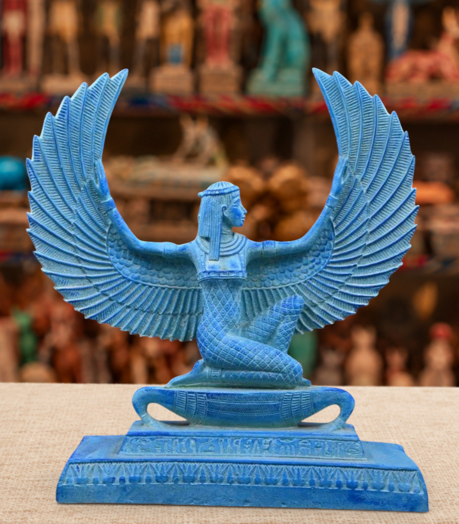 Unique Blue Large Statue of Isis Hand Painted Stone Open Wings Made in Egypt