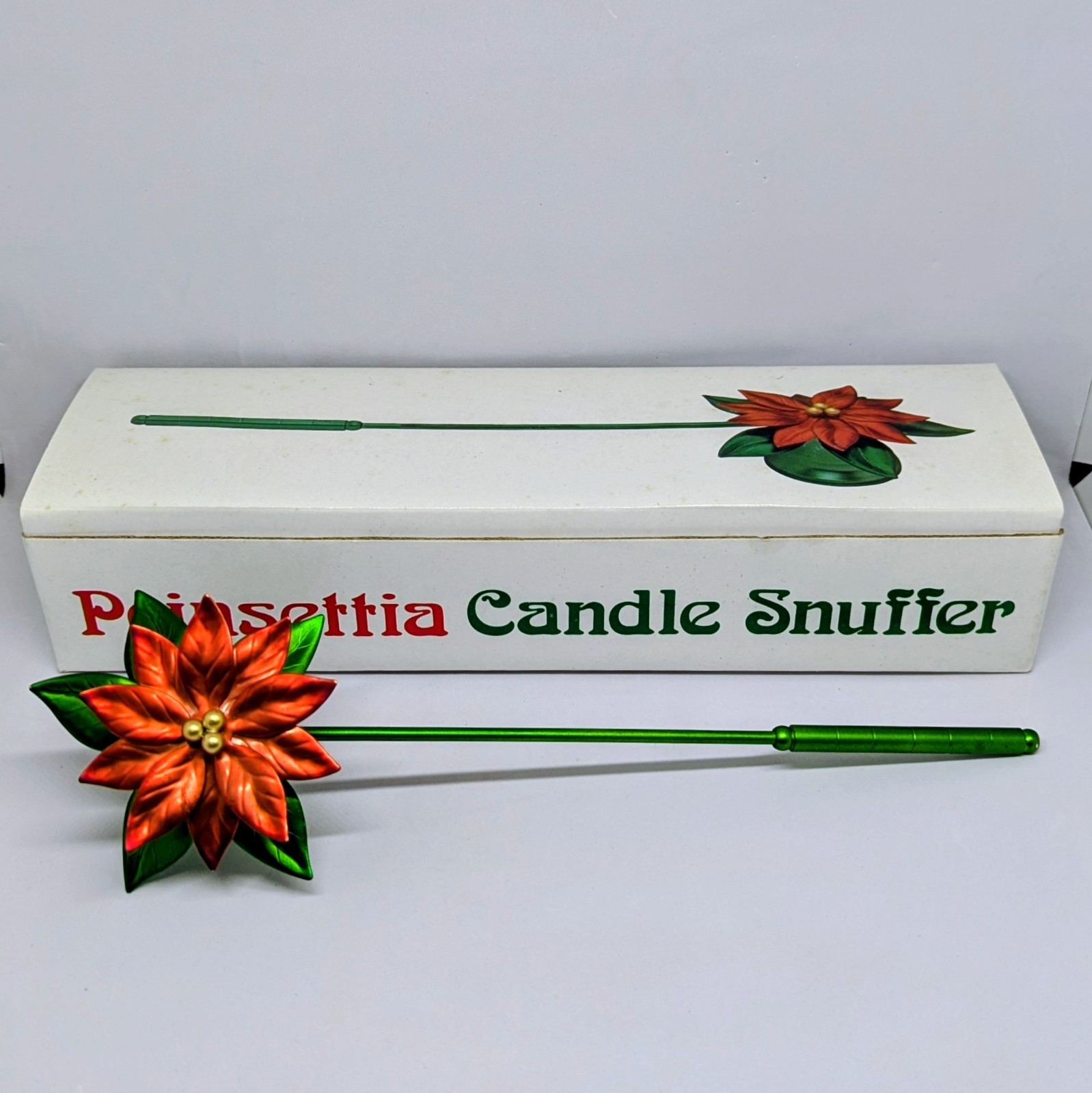 VTG Department 56 Poinsettia Candle Snuffer 12” Item #7177-3 Green Red Christmas