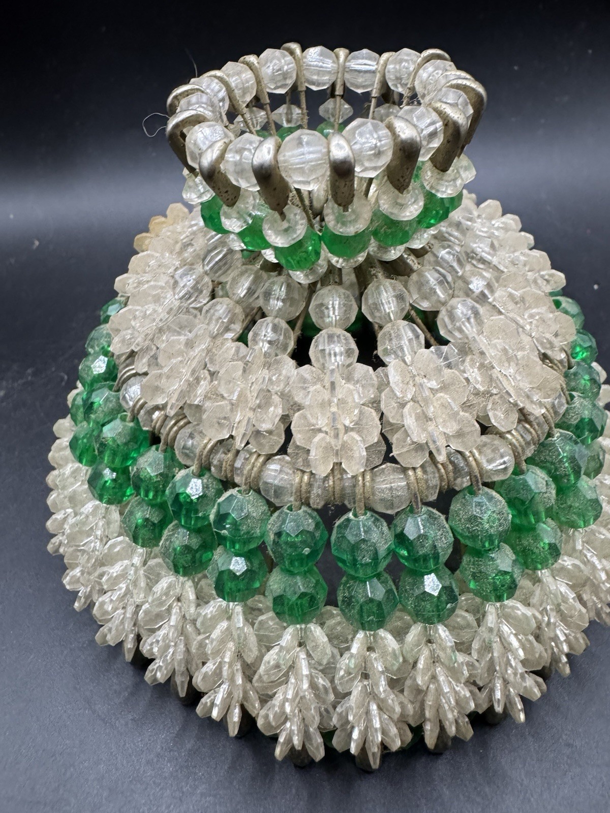 Vintage Mid Century Beaded Safety Pin Lamp Shade Light Cover Green Clear MCM