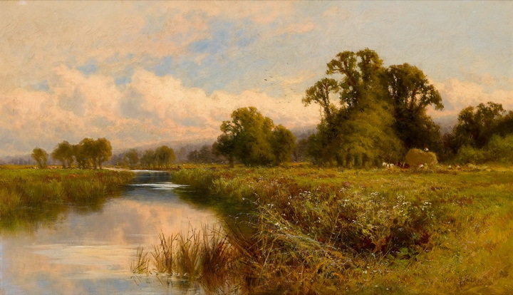Excellent Oil painting landscape Large haystack by sunset river