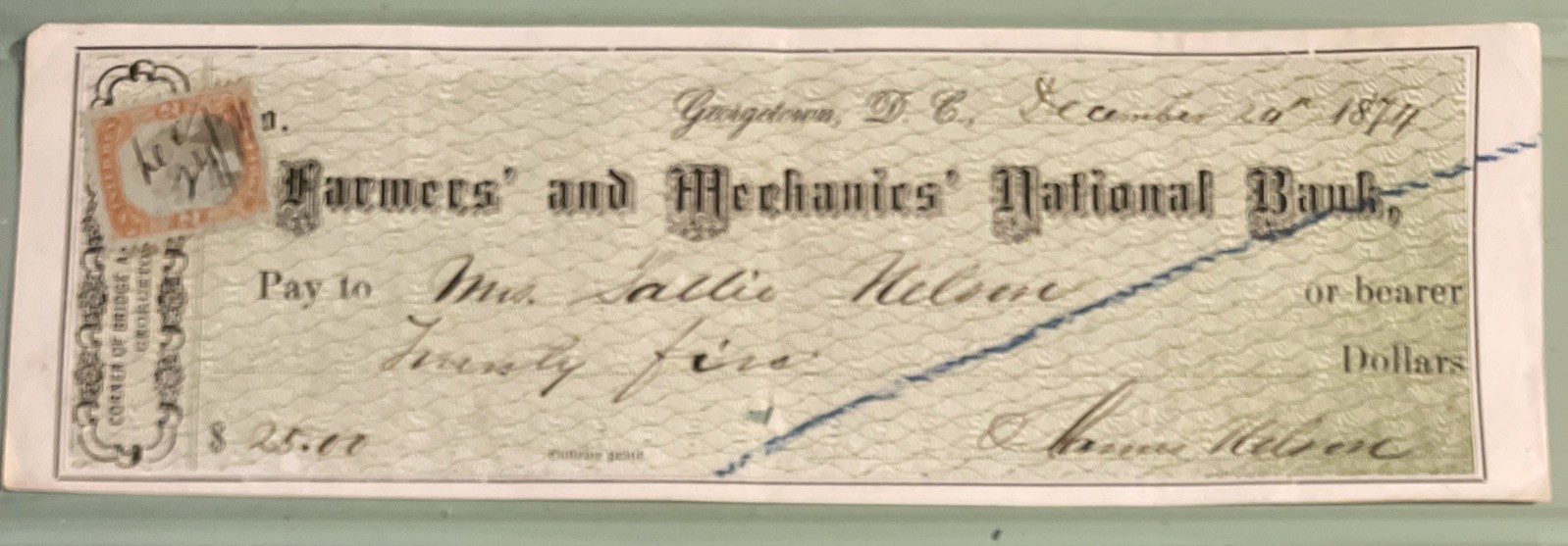 1874 Bank Check $25.00 FARMERS AND MECHANICS NATIONAL BANK with Stamp