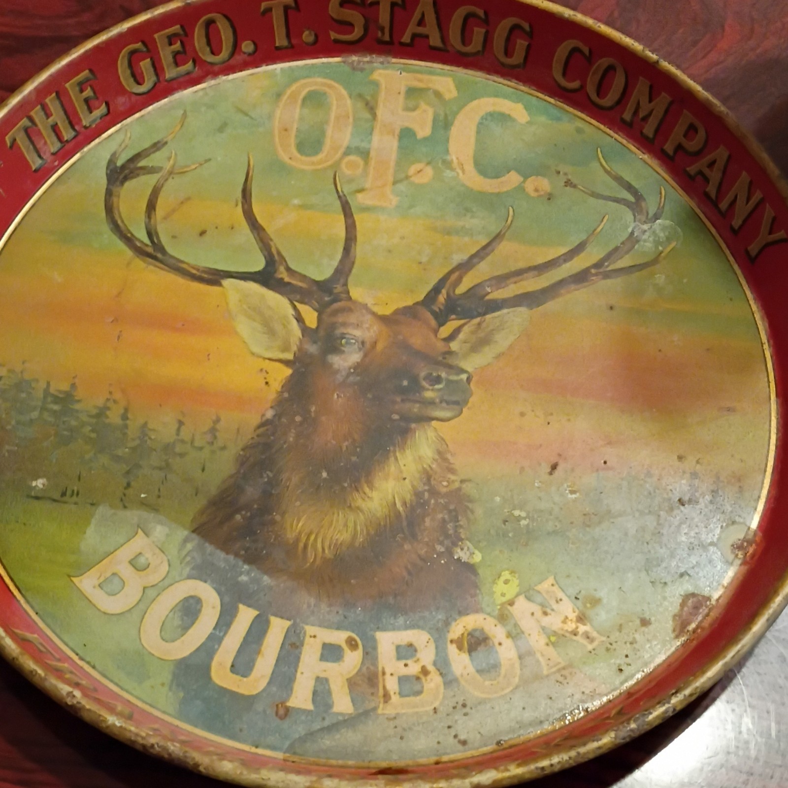 Geo. T. Stagg Company O.F.C. Bourbon Multicolor Advertising Tray with Elk