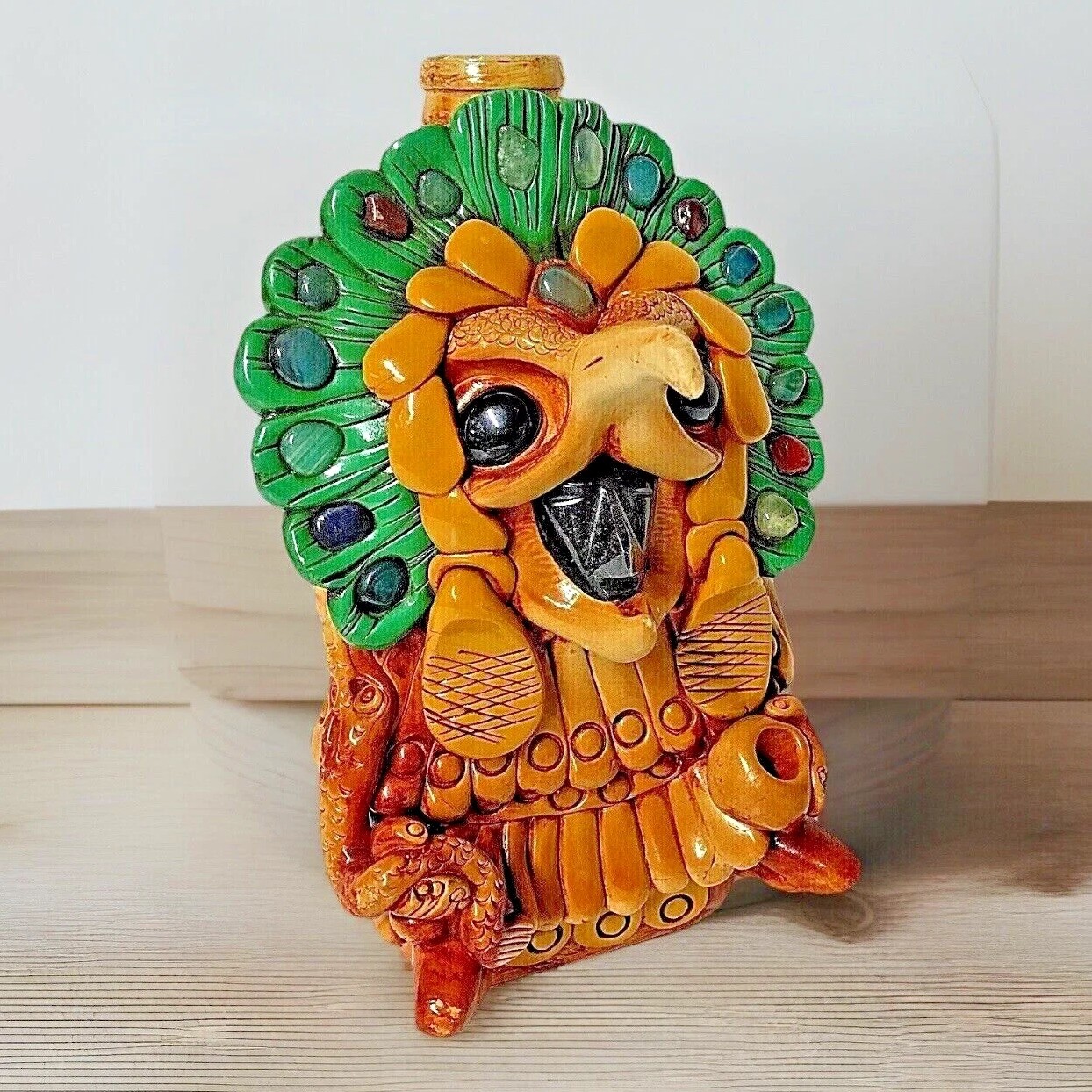 Teotihuacan Tequila Bottle Handmade Mexican Folk Art Aztec Owl Obsidian Stone