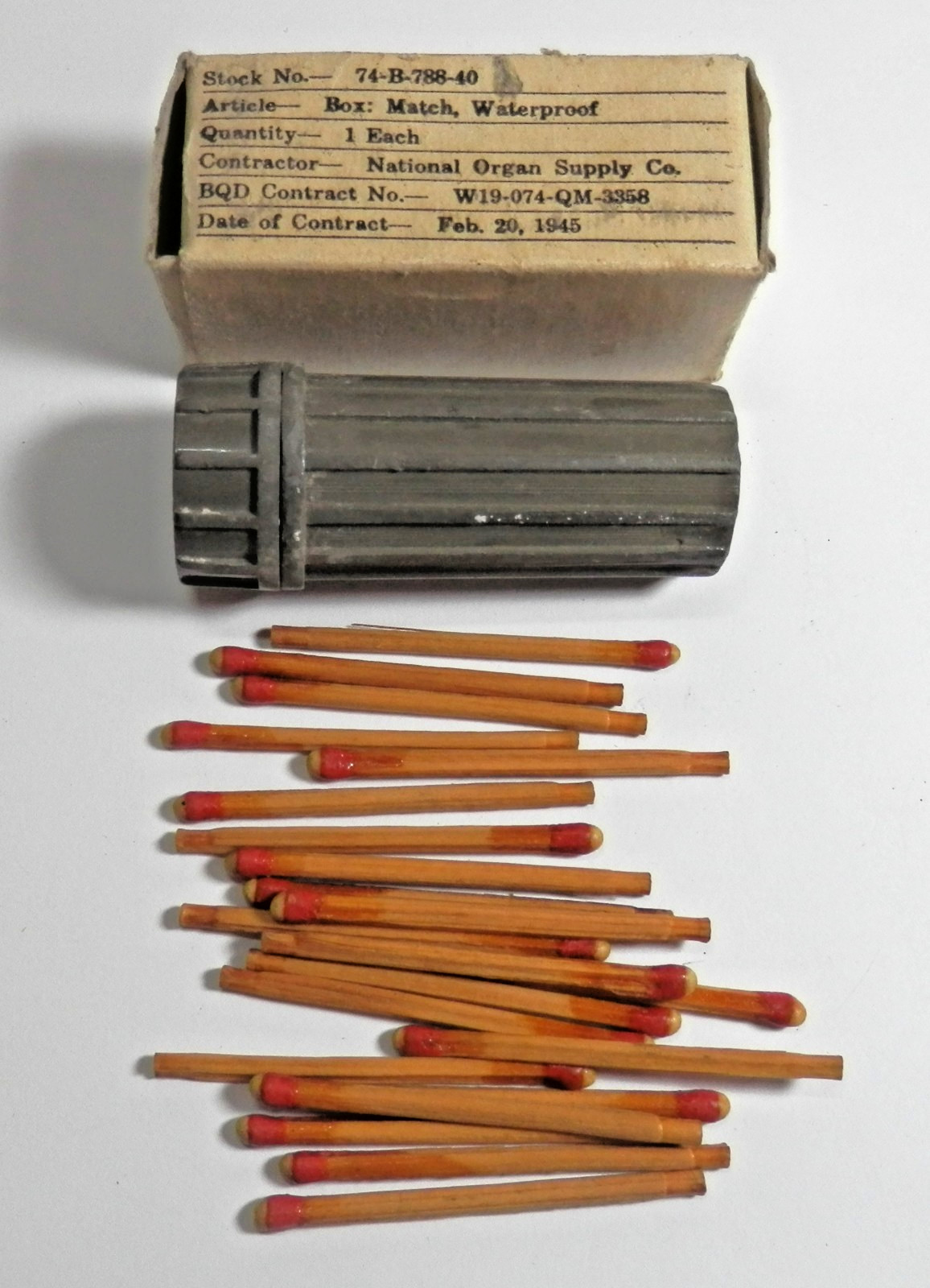 National Organ Supply Co WWII USGI Waterproof Matches Dated Feb.20 1945 with Box