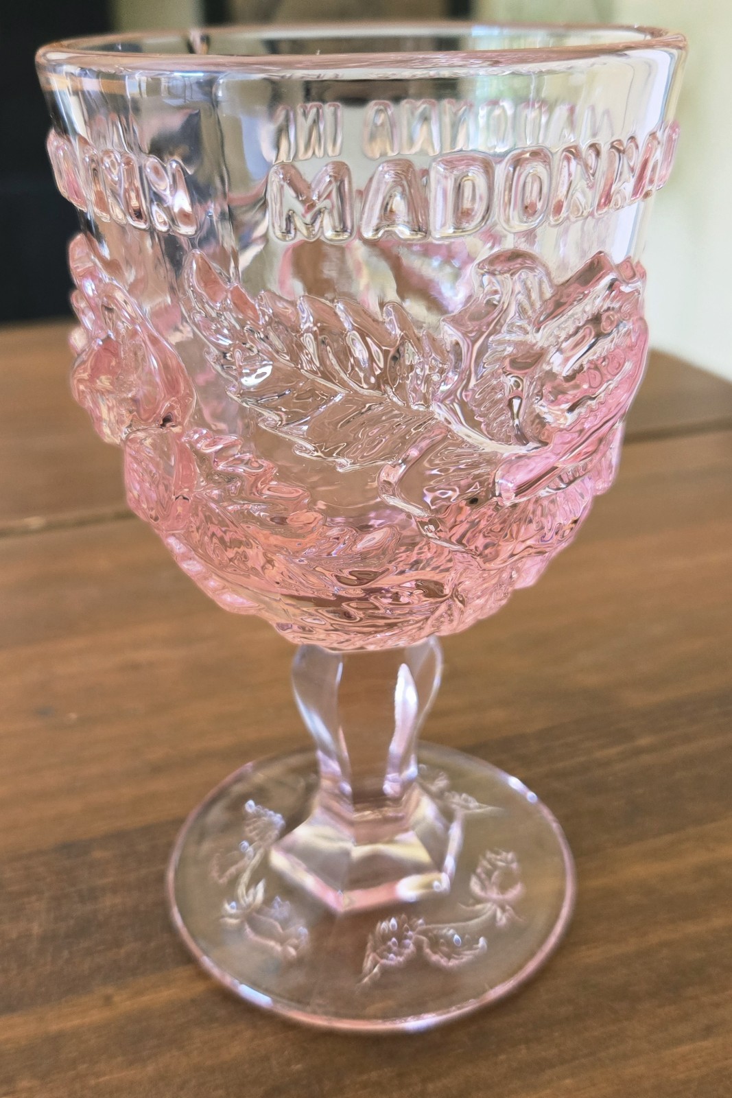Vintage Madonna Inn Letters Spell Pink Rose Glass Goblet 6.25 Vintage Madonna Inn Letters Spell Pink Rose Glass Goblet 6.25