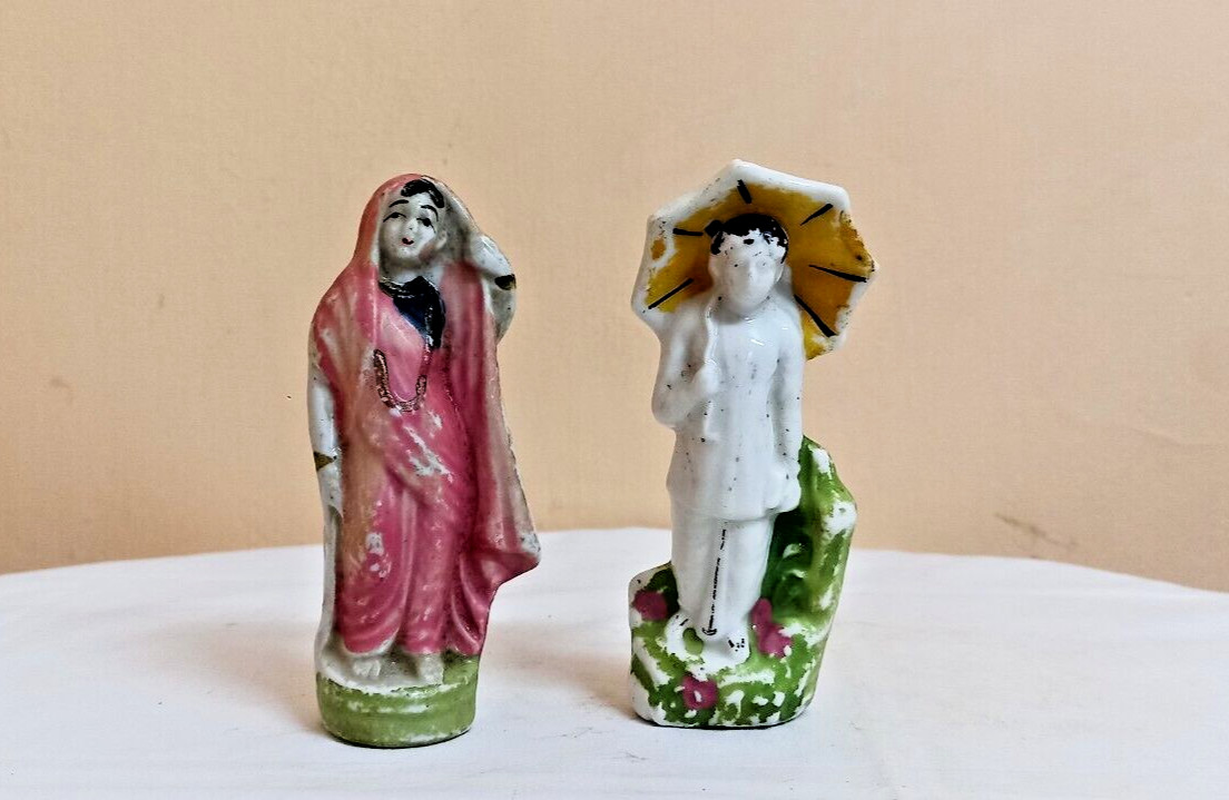 Pottery Porcelain Man & Woman in Saree Figurine Statue Antique Vintage Old Japan