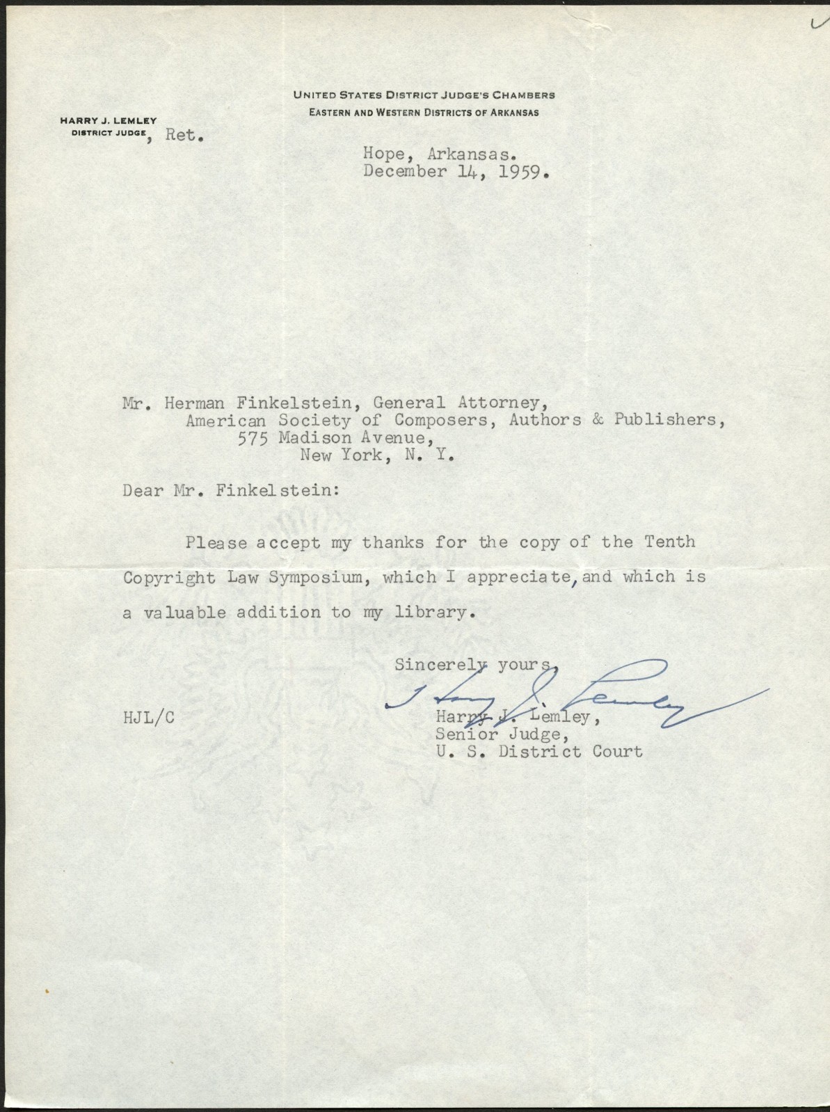 Harry Jacob Lemley d1965 signed autograph 8x10.5 Letter Federal Judge Arkansas Harry Jacob Lemley d1965 signed autograph 8x10.5 Letter Federal Judge Arkansas