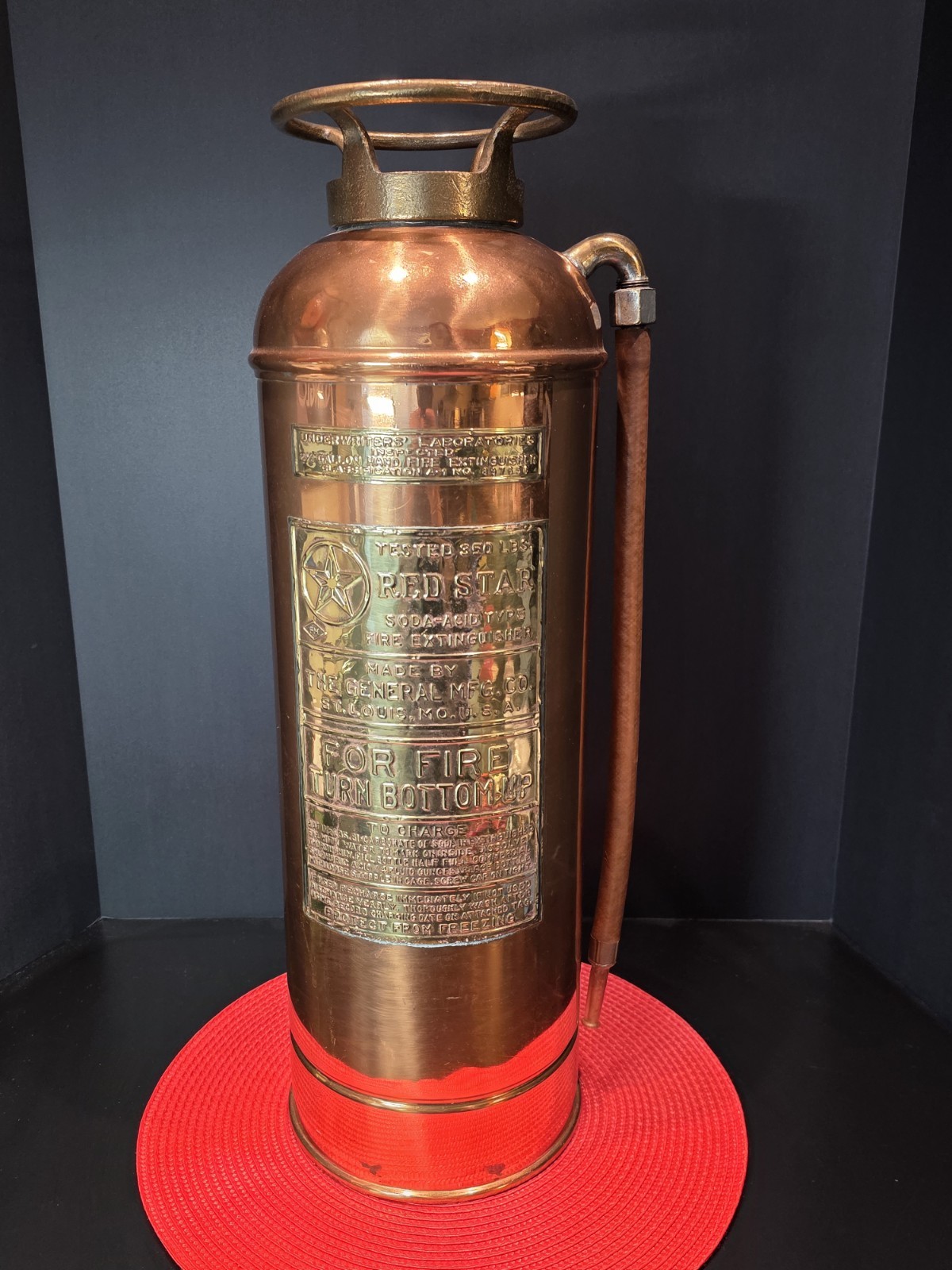 Stunning Vintage Brass Red Star Fire Extinguisher w/ Hose Firefighting **EMPTY**