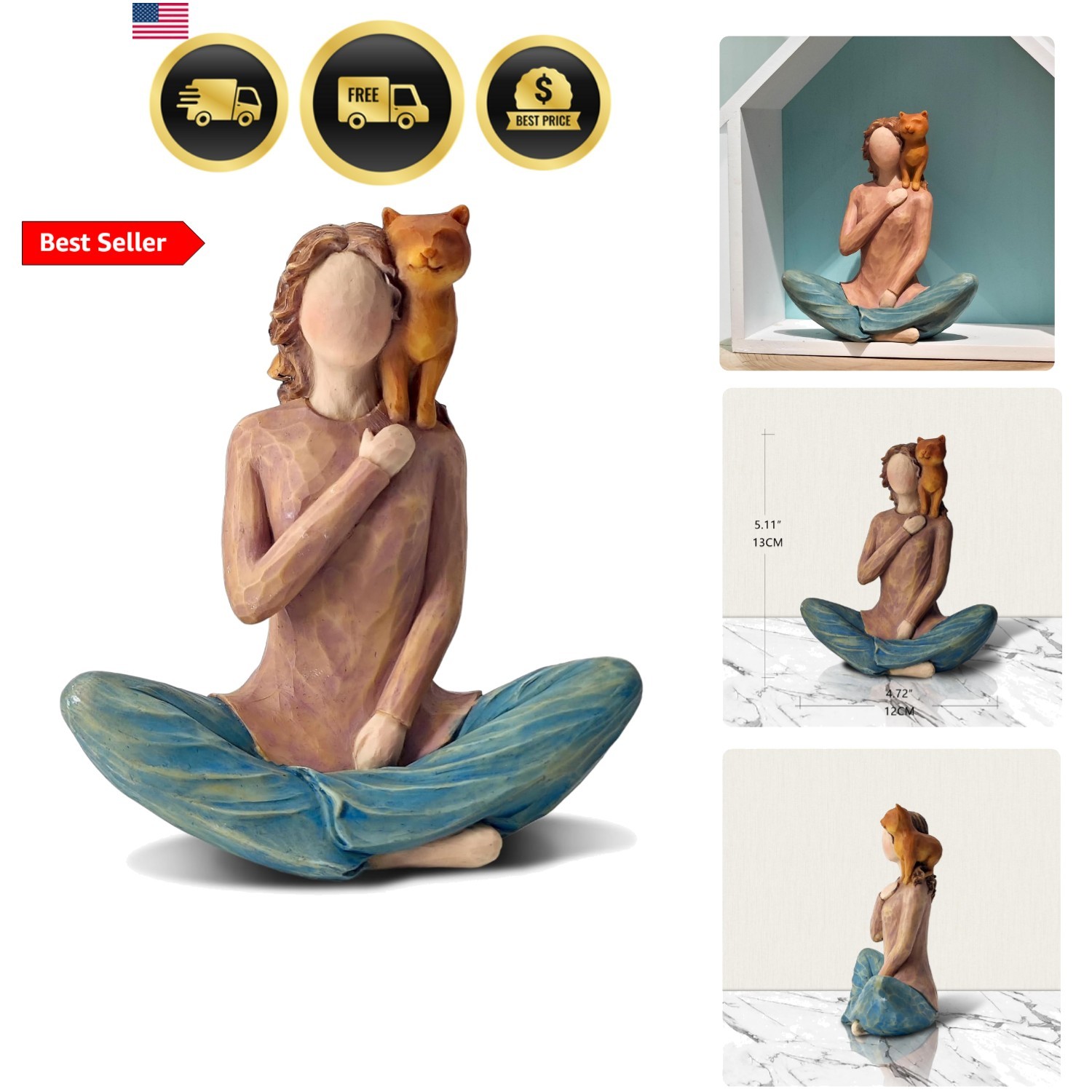 Woman with Cat on Shoulder Figurine - Resin Hand-Painted Pet Lover Statue, Co... Woman with Cat on Shoulder Figurine - Resin Hand-Painted Pet Lover Statue, Co...