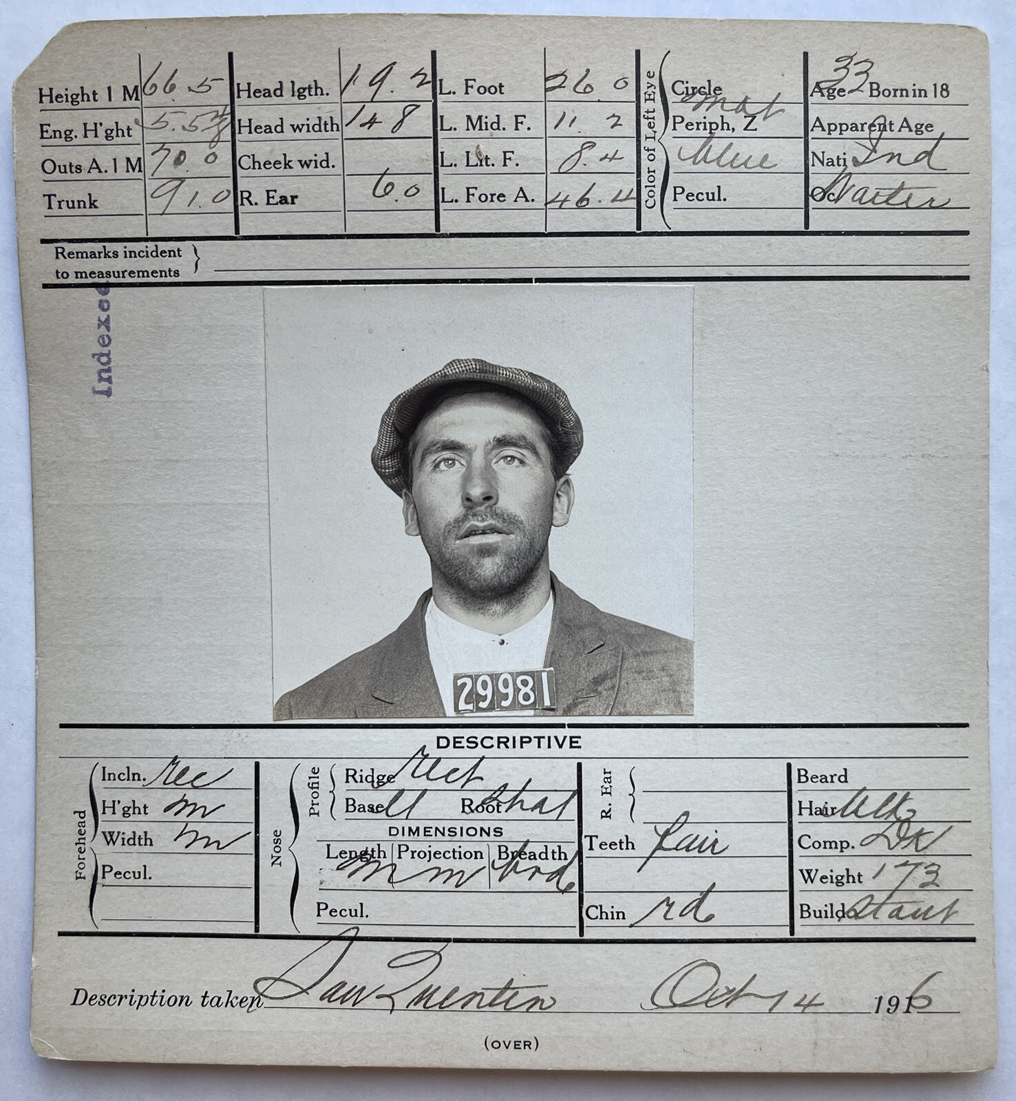 Antique 1916 San Francisco Man Larceny Mug Shot Photo SF Criminal Arrest ID Card