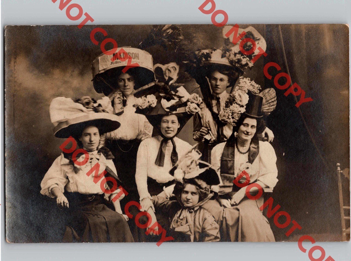 WOW c1910 Madison Millinery Parlor Advertising Women EXTRAVAGANT Hats RPPC