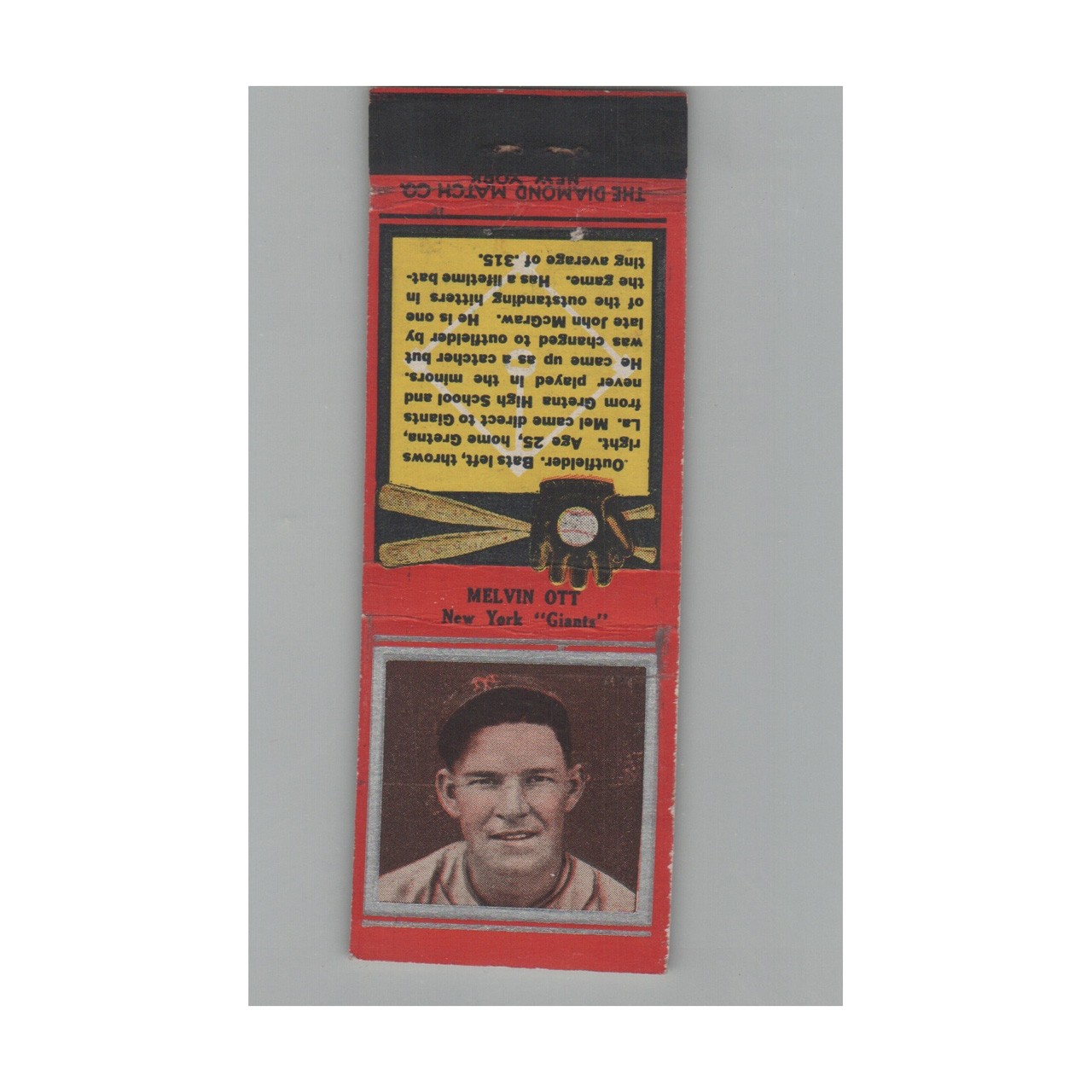 Matchbook Cover Mel Ott New York Giants 1930s Baseball Hall Of Famer Matchbook Cover Mel Ott New York Giants 1930s Baseball Hall Of Famer