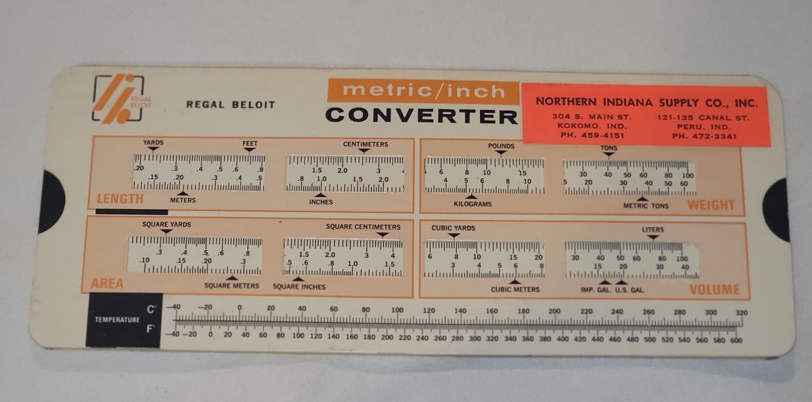 vintage slide rule: metric/inch Converter REGAL BELOIT, SWANI PUBLISHING CO