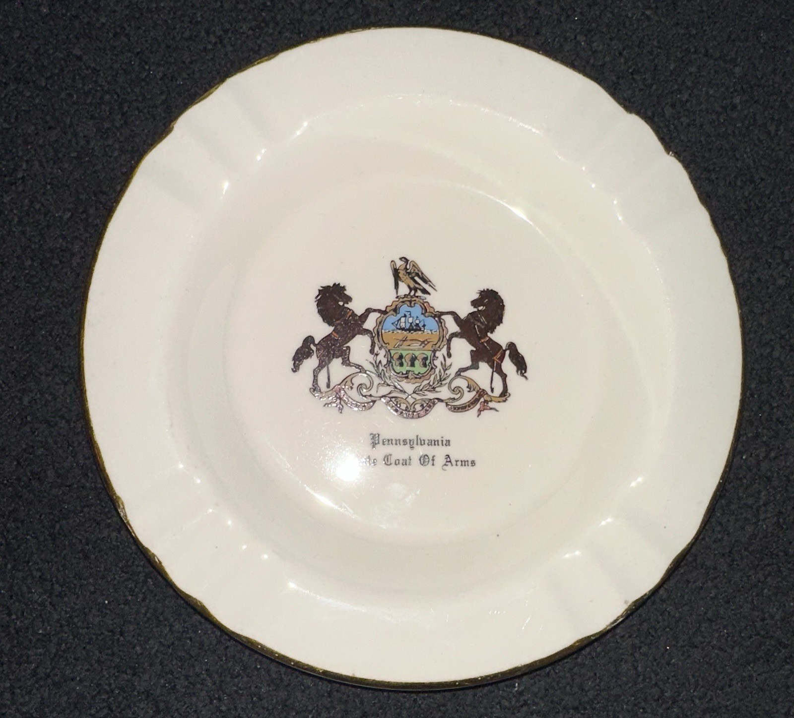 VTG White Porcelain Pennsylvania Ashtray Featuring Coat Of Arms & Gold Trim