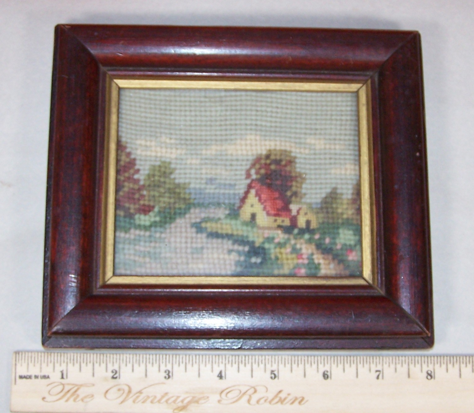 Antique Wood Picture Frame with Needlepoint Antique Wood Picture Frame with Needlepoint