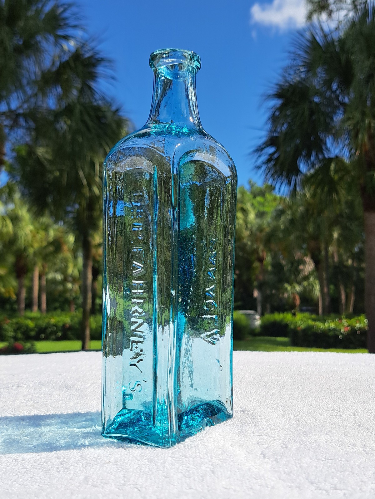 EXCEPTIONAL ICE BLUE DR. P. FAHRNEY\'S PANACEA MEDICINE BOTTLE c.1870s-1880s
