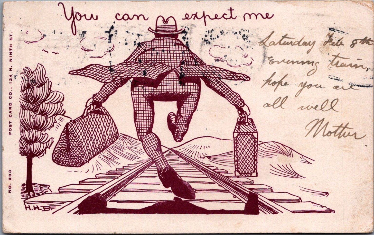 1908 Comic Postcard Man Running on Train Tracks Brooklyn Posted 1908 Comic Postcard Man Running on Train Tracks Brooklyn Posted