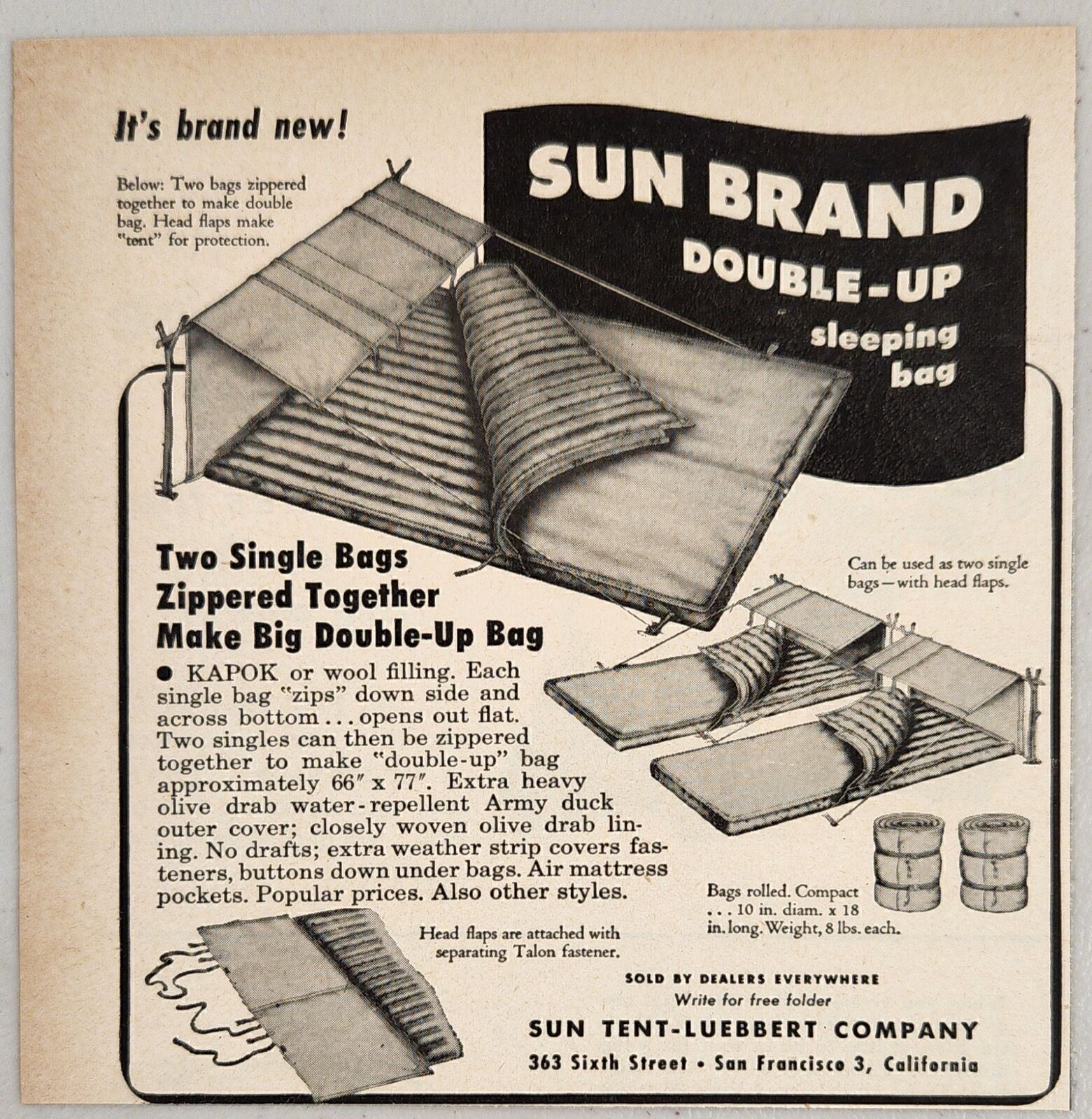 1947 Print Ad Sun Brand Double-Up Sleeping Bags Tent-Luebbert San Francisco,CA