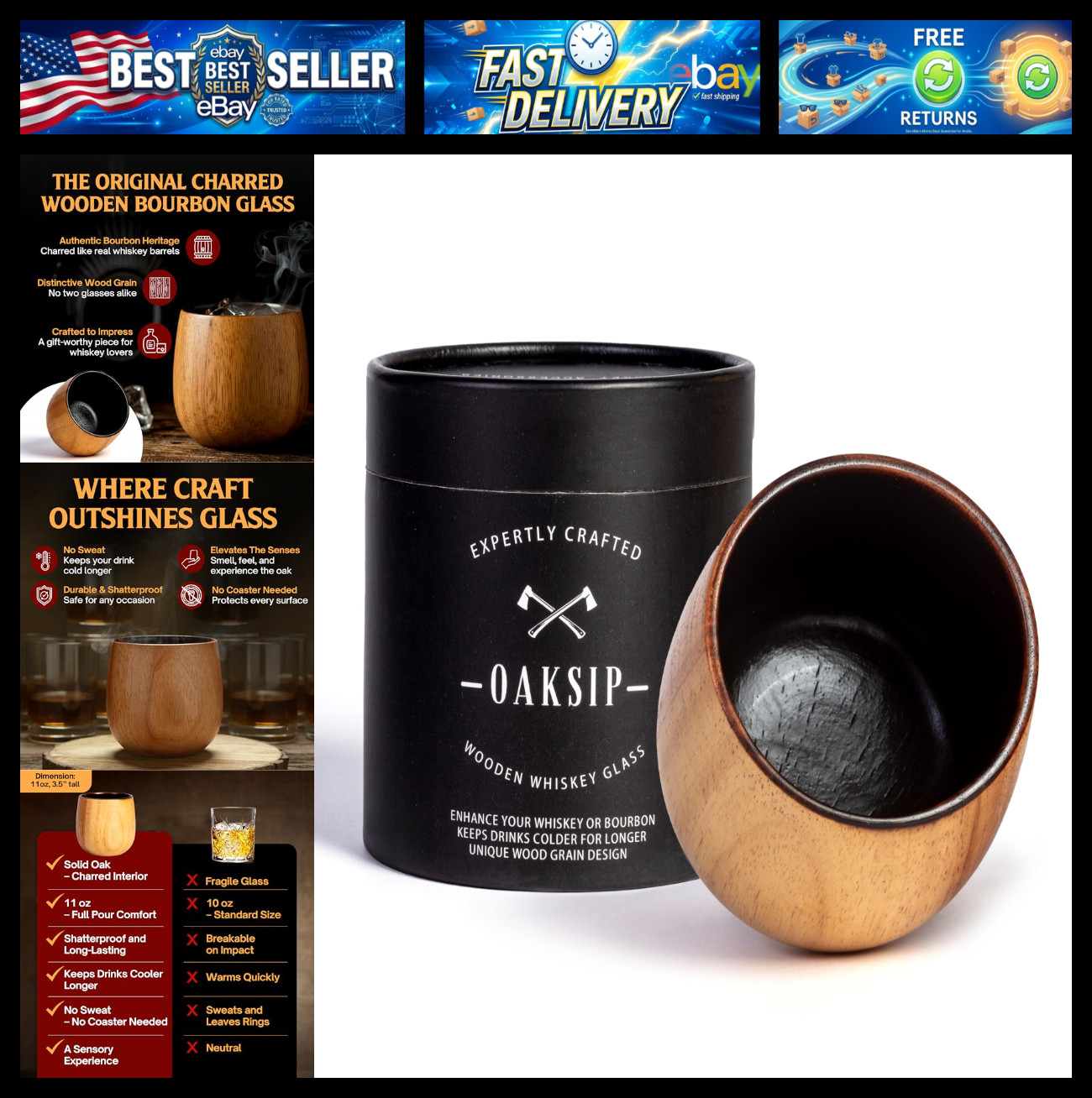 Oaksip The Original Charred Wooden Bourbon Drinking Glass | Charred Old Fashione