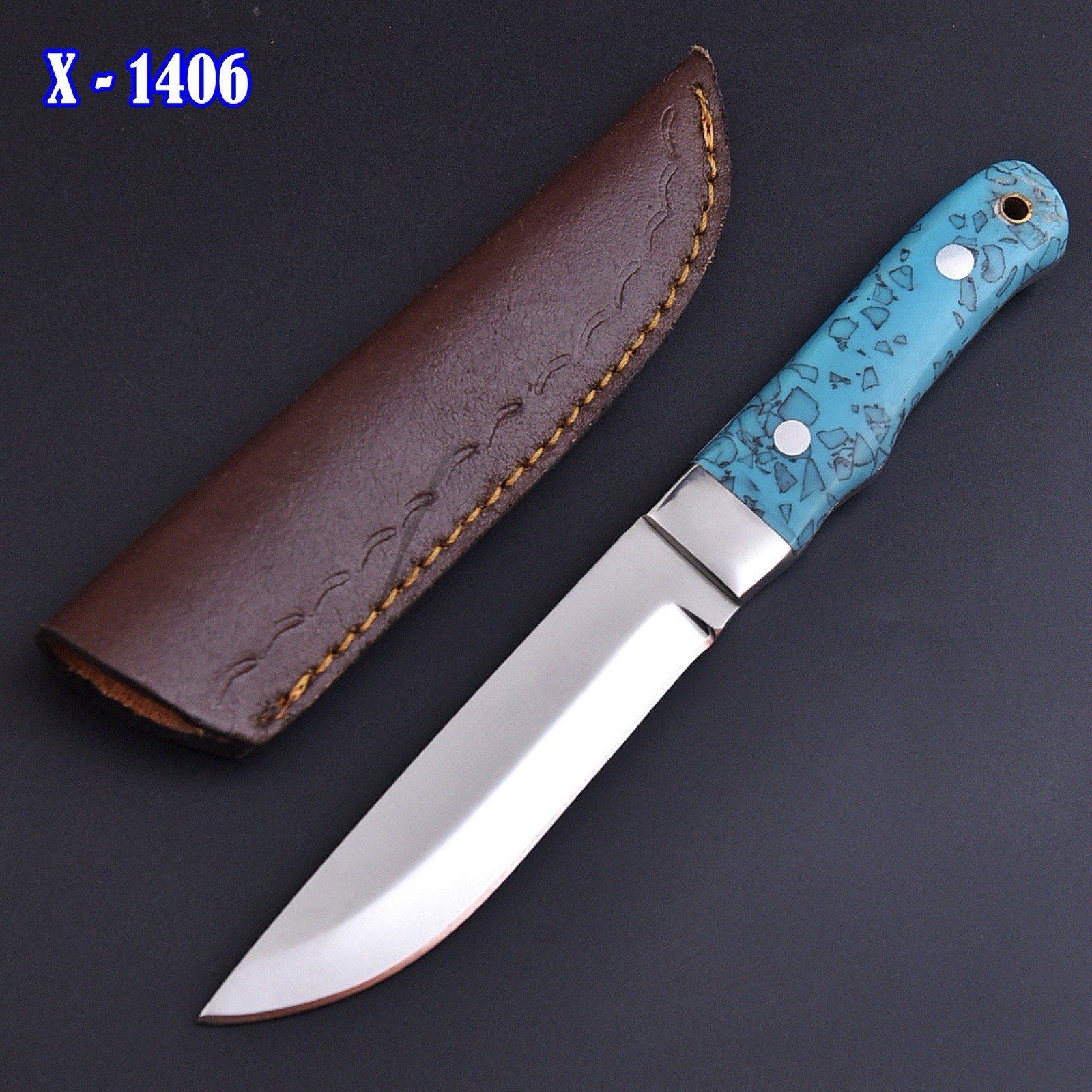 Handcrafted Fixed Blade Drop Point Hunting Knife Turquoise Handle