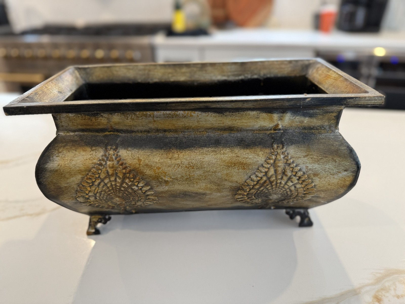 Vintage Metal Planter, Gold Tone Patina 15 1/2\